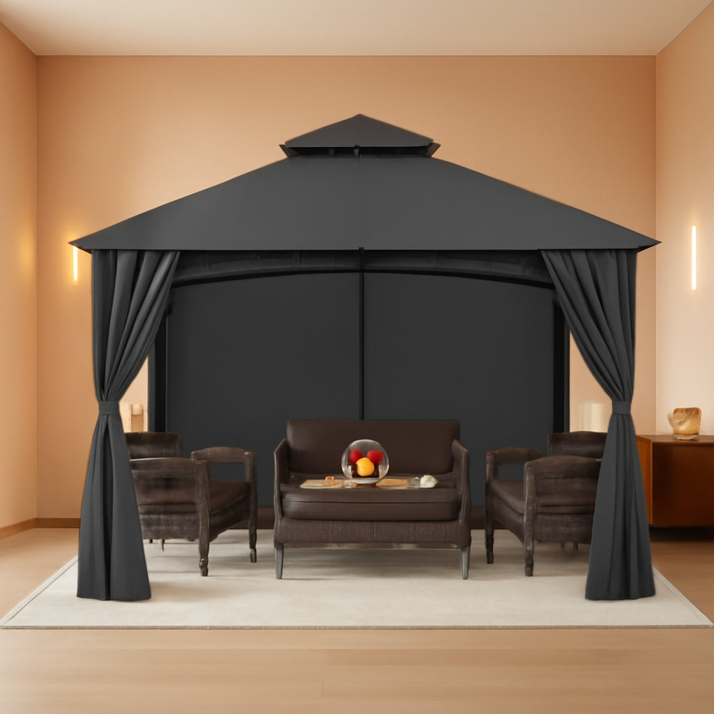 11x11 Dark Gray Steel Frame Patio Gazebo Curtains Included