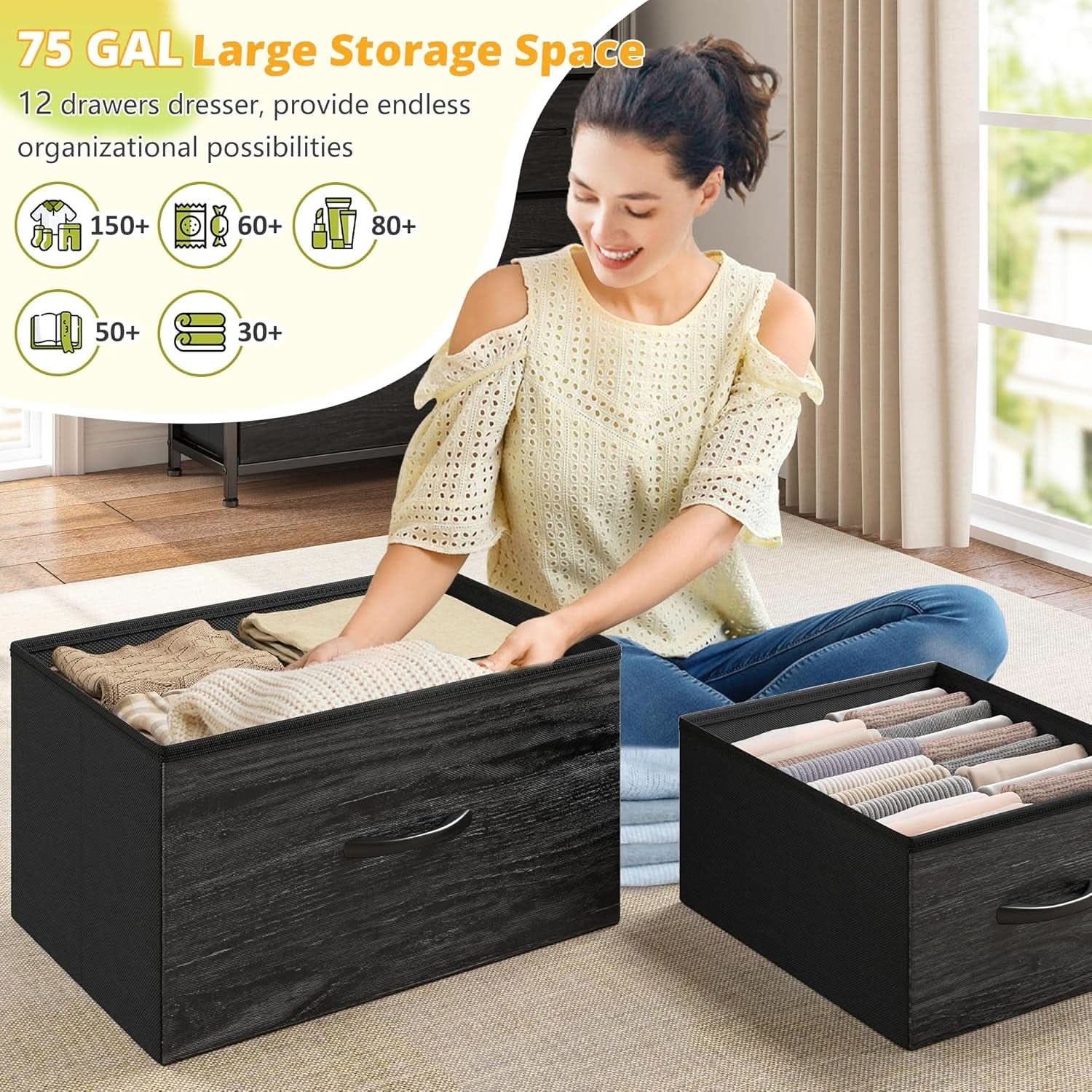 12 Drawer Dresser With Led Lights In Black Bedroom Storage Cabinet With Ample Drawer Space And Modern Metal Frame