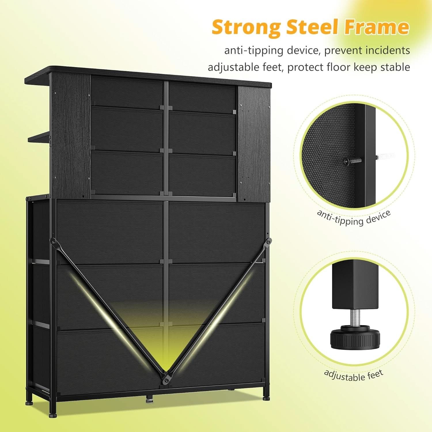 12 Drawer Dresser With Led Lights In Black Bedroom Storage Cabinet With Ample Drawer Space And Modern Metal Frame