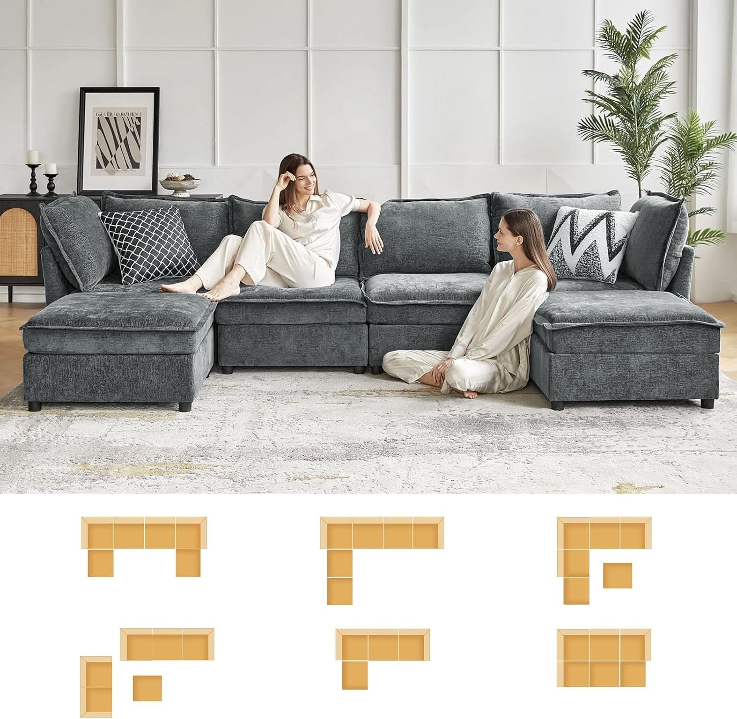 127 Inch Grey Modular Sectional Sofa With Storage Ottoman