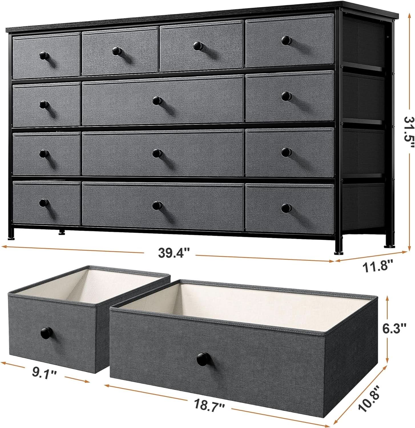 13 Drawer Dresser In Dark Grey For Bedroom Storage