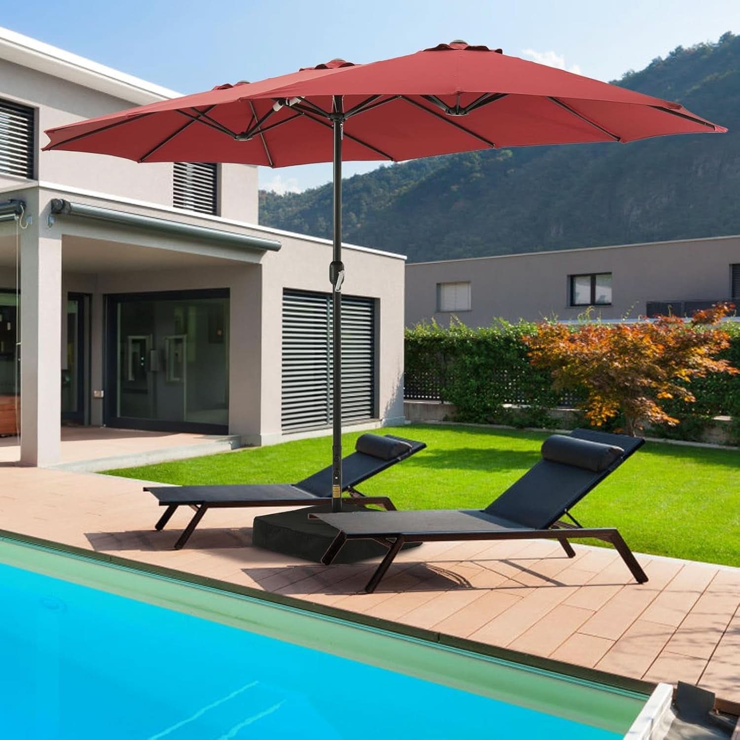 15Ft Red Patio Umbrella With Base UV Protected Outdoor