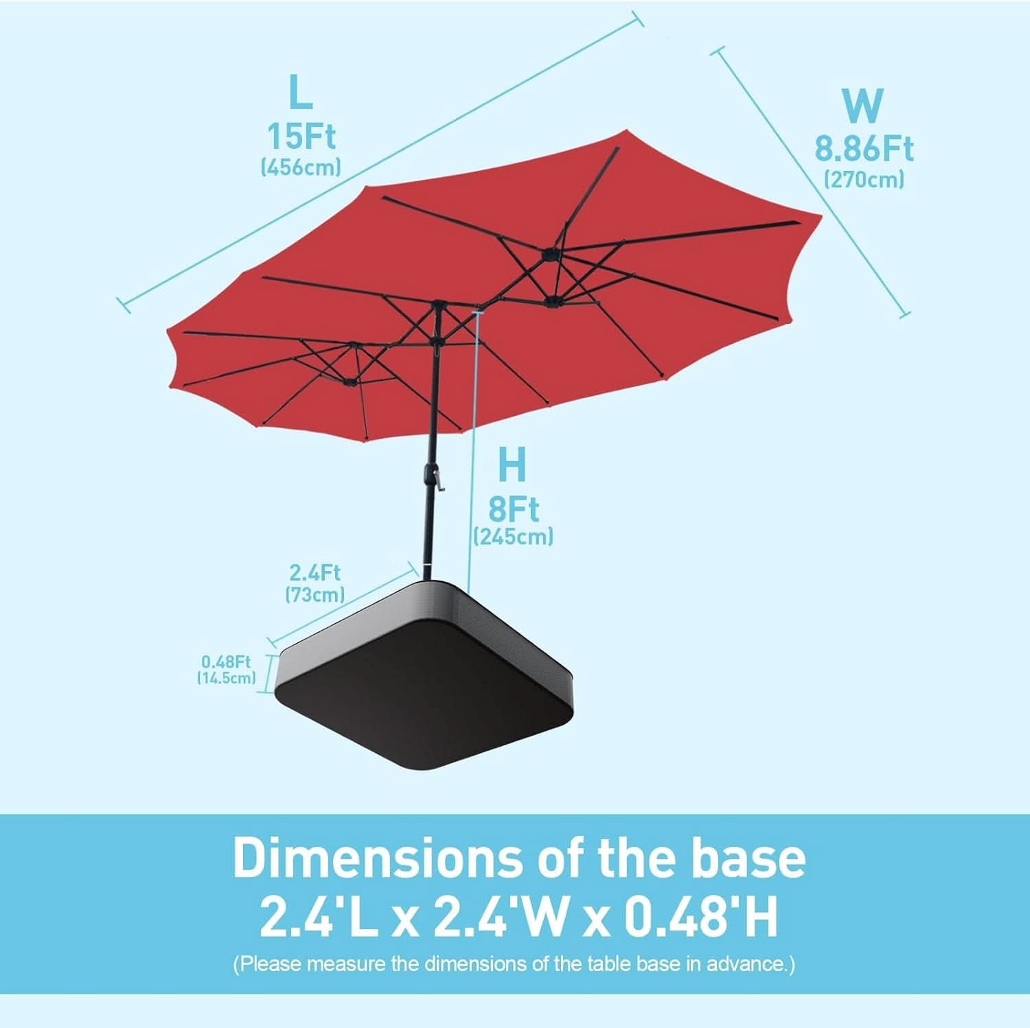 15Ft Red Patio Umbrella With Base UV Protected Outdoor