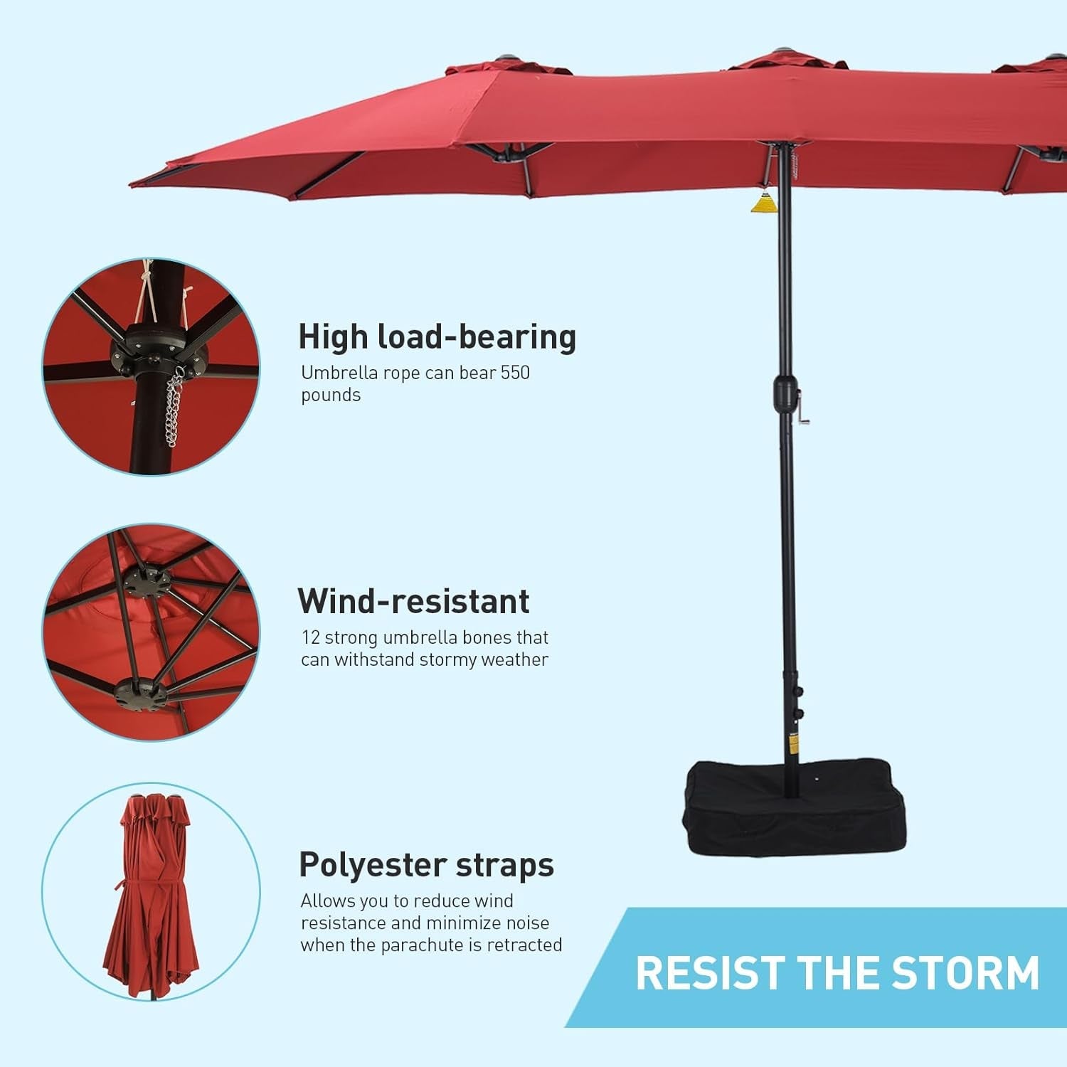 15Ft Red Patio Umbrella With Base UV Protected Outdoor