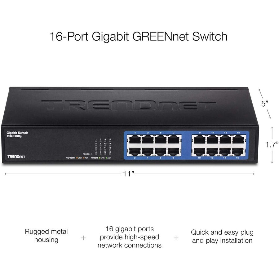 16-Port Gigabit Desktop Switch - Energy Efficient GREENnet Technology | TRENDnet TEG-S16DG
