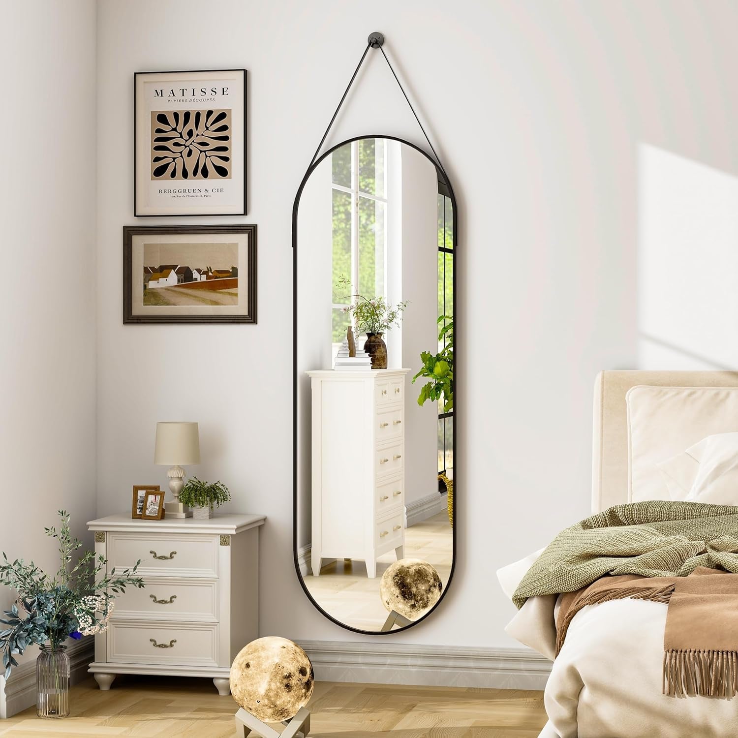 16x48 Inch Oval Hanging Mirror With Leather Strap Aluminum Frame Full Length