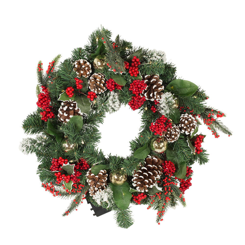18" Battery-Operated LED Holly Berry and Pinecone Wreath