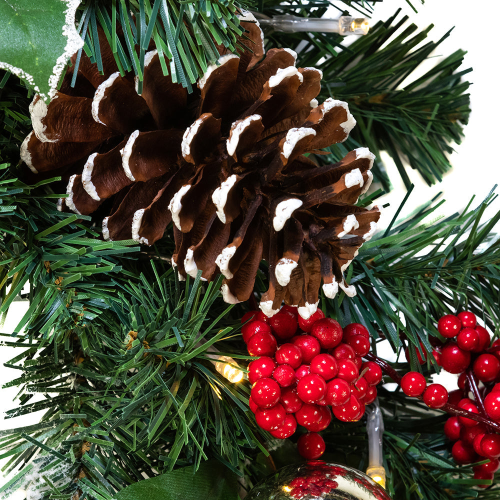 18" Battery-Operated LED Holly Berry and Pinecone Wreath