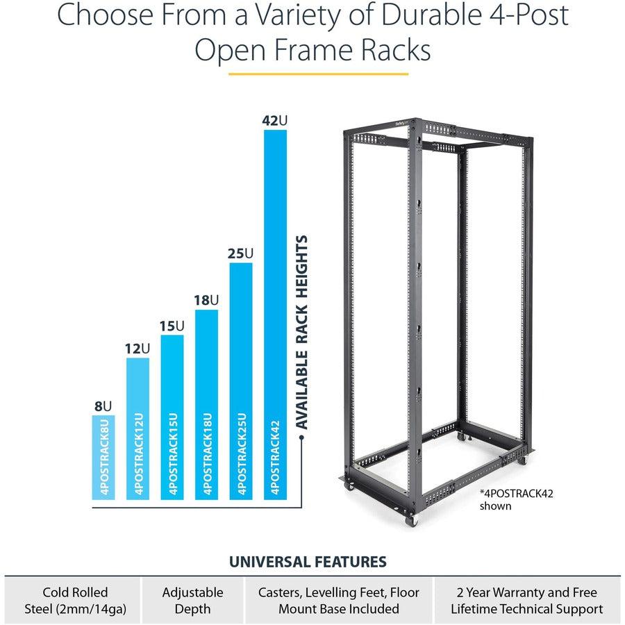 18U Mobile Open Frame Server Rack - Adjustable Depth IT Equipment Cabinet | StarTech 4POSTRACK18U