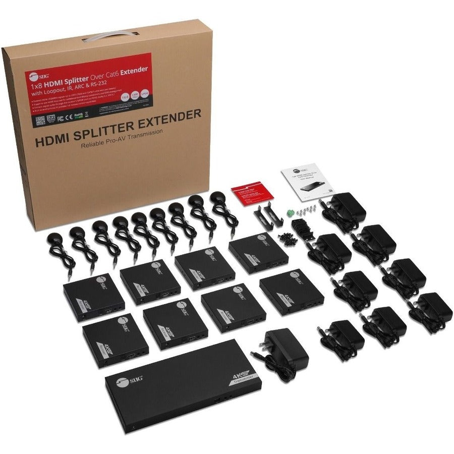 SIIG 1x8 4K 60Hz HDMI Splitter Over Cat6 Extender with Loopout/IR/ARC & RS-232 - Up to 230ft (70m) - Near Zero Latency CE-H27B11-S1