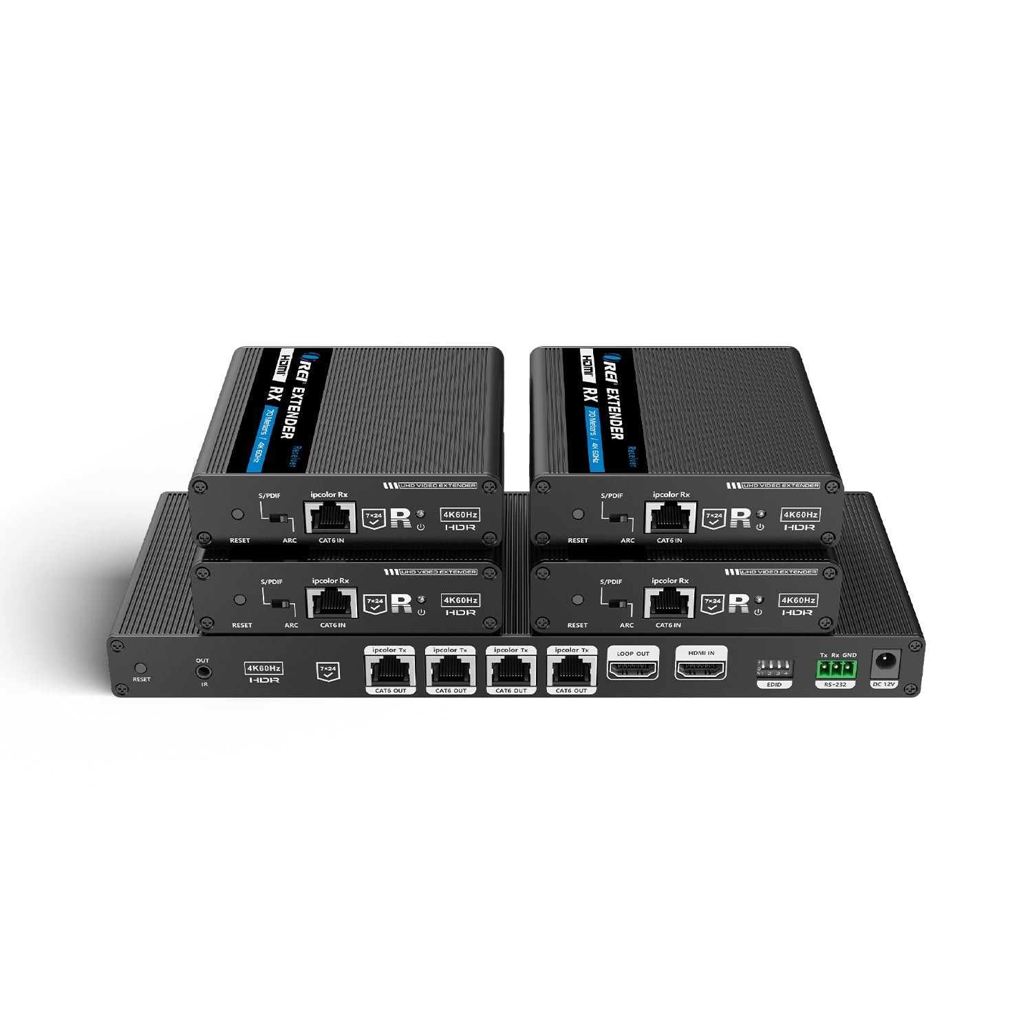 1x4 4K HDMI Extender Splitter Over Single CAT6/7 Up to 230 Ft - ipcolor Technology 18 Gbps, Bi-directional IR, RS-232, EDID (UHD14-IPC230-K)