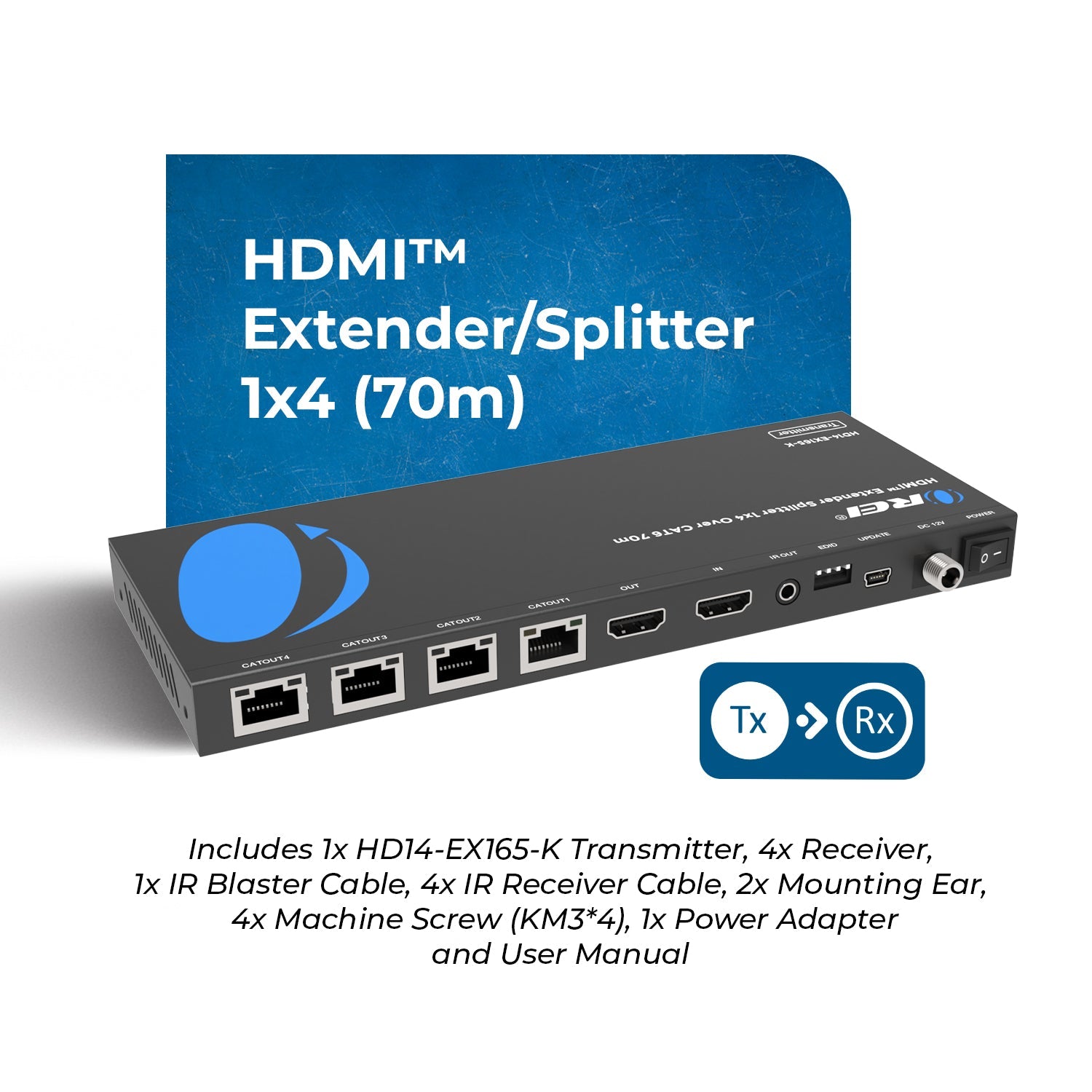 1x4 HDMI Extender Splitter over CAT6 up to 165 feet(70m) (HD14-EX165-K)