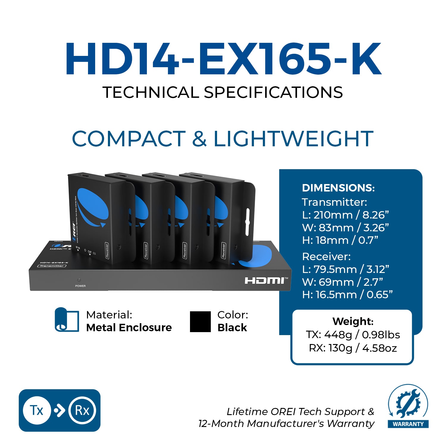 1x4 HDMI Extender Splitter over CAT6 up to 165 feet(70m) (HD14-EX165-K)
