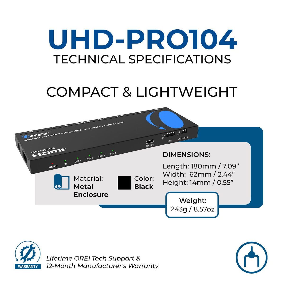1x4 HDMI Splitter: 1-in 4-out, UltraHD 4K, Auto-Downscale, EDID (UHD-PRO104)