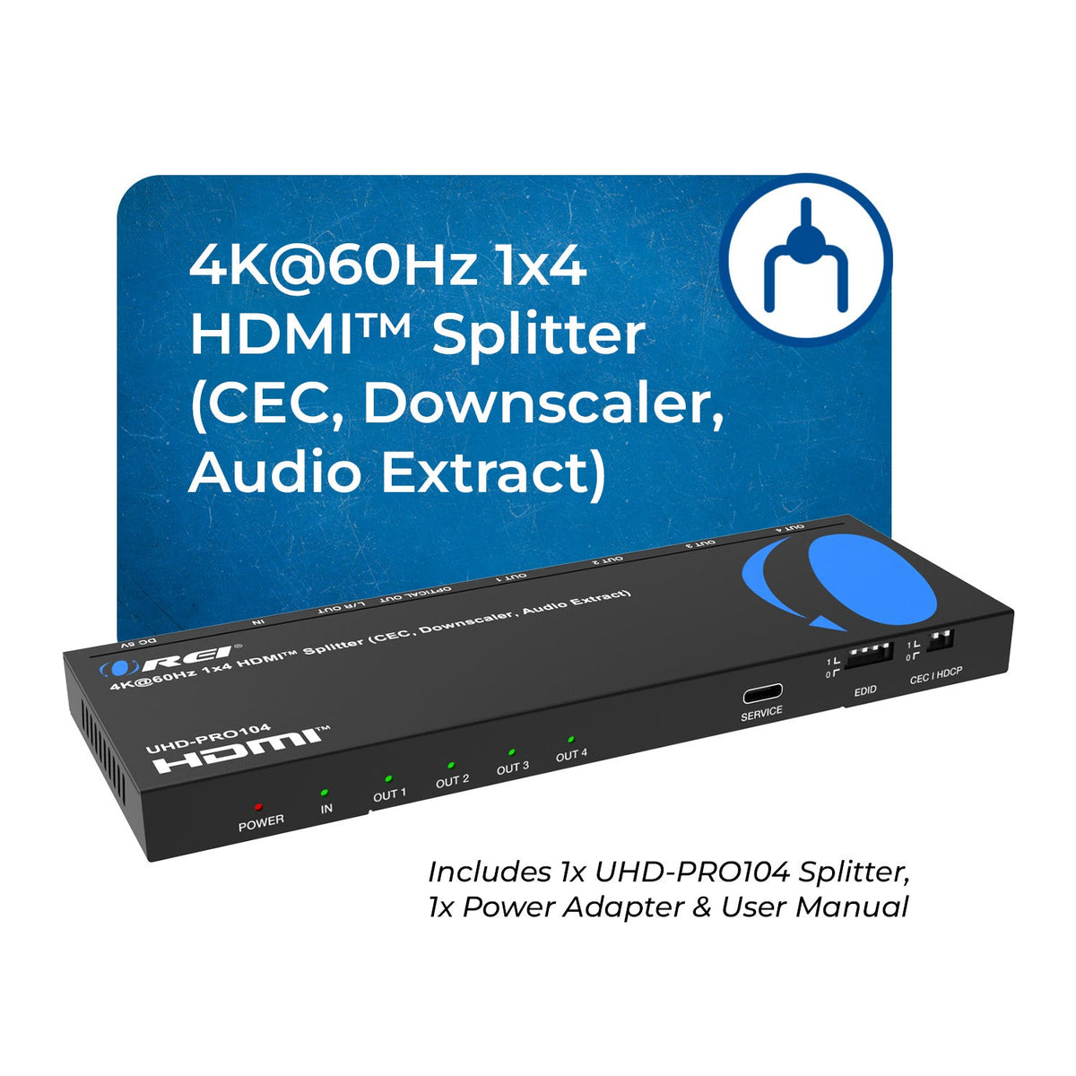 1x4 HDMI Splitter: 1-in 4-out, UltraHD 4K, Auto-Downscale, EDID (UHD-PRO104)