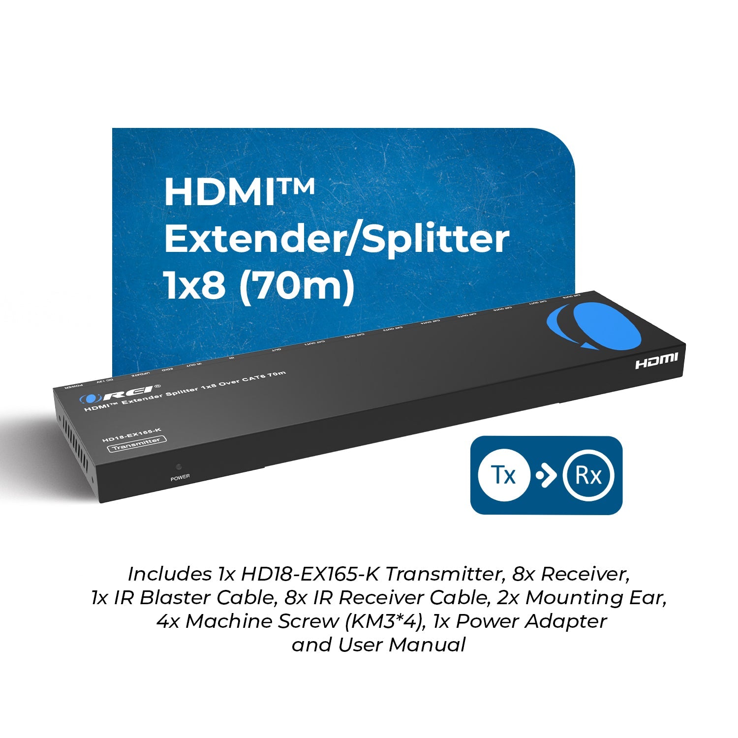 1x8 HDMI Extender Splitter Over CAT6/7 Upto 165 Ft- Loop-out, IR Control & EDID (HD18-EX165-K)