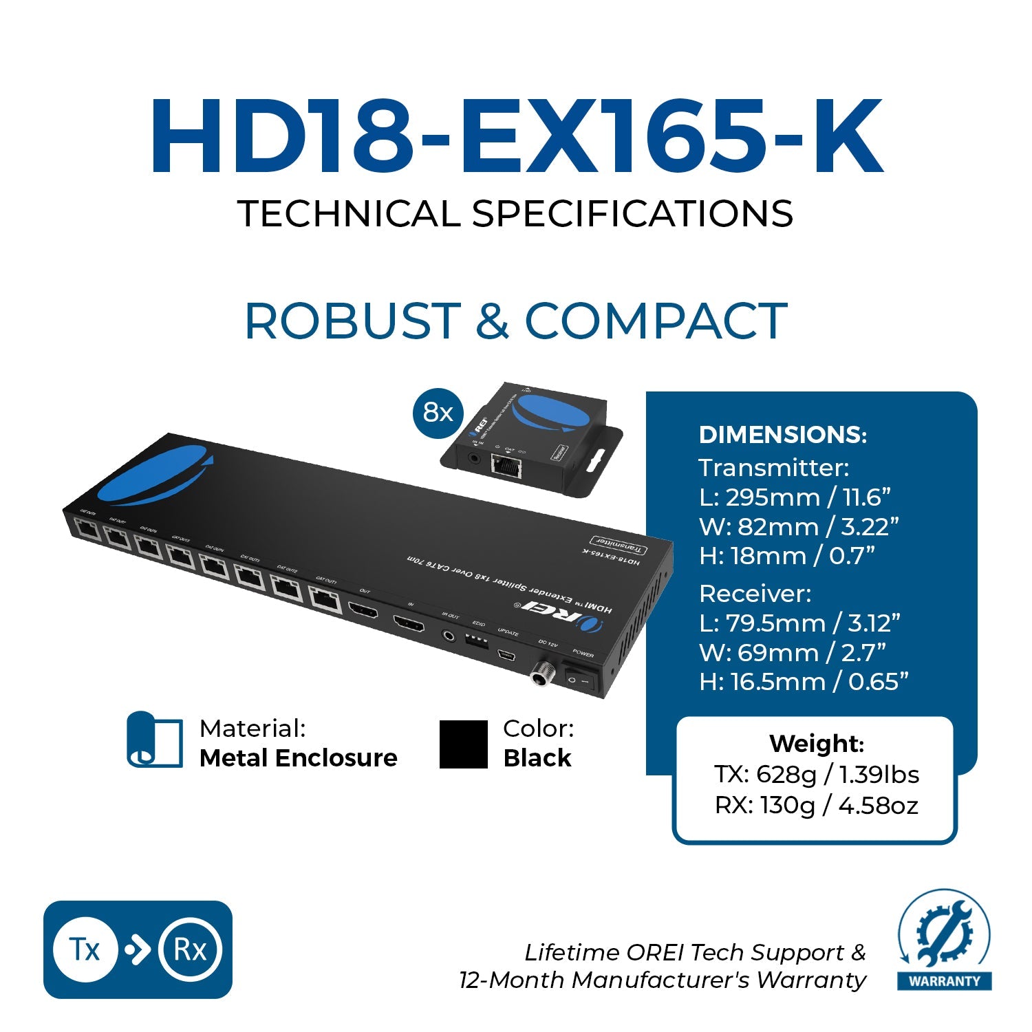 1x8 HDMI Extender Splitter Over CAT6/7 Upto 165 Ft- Loop-out, IR Control & EDID (HD18-EX165-K)