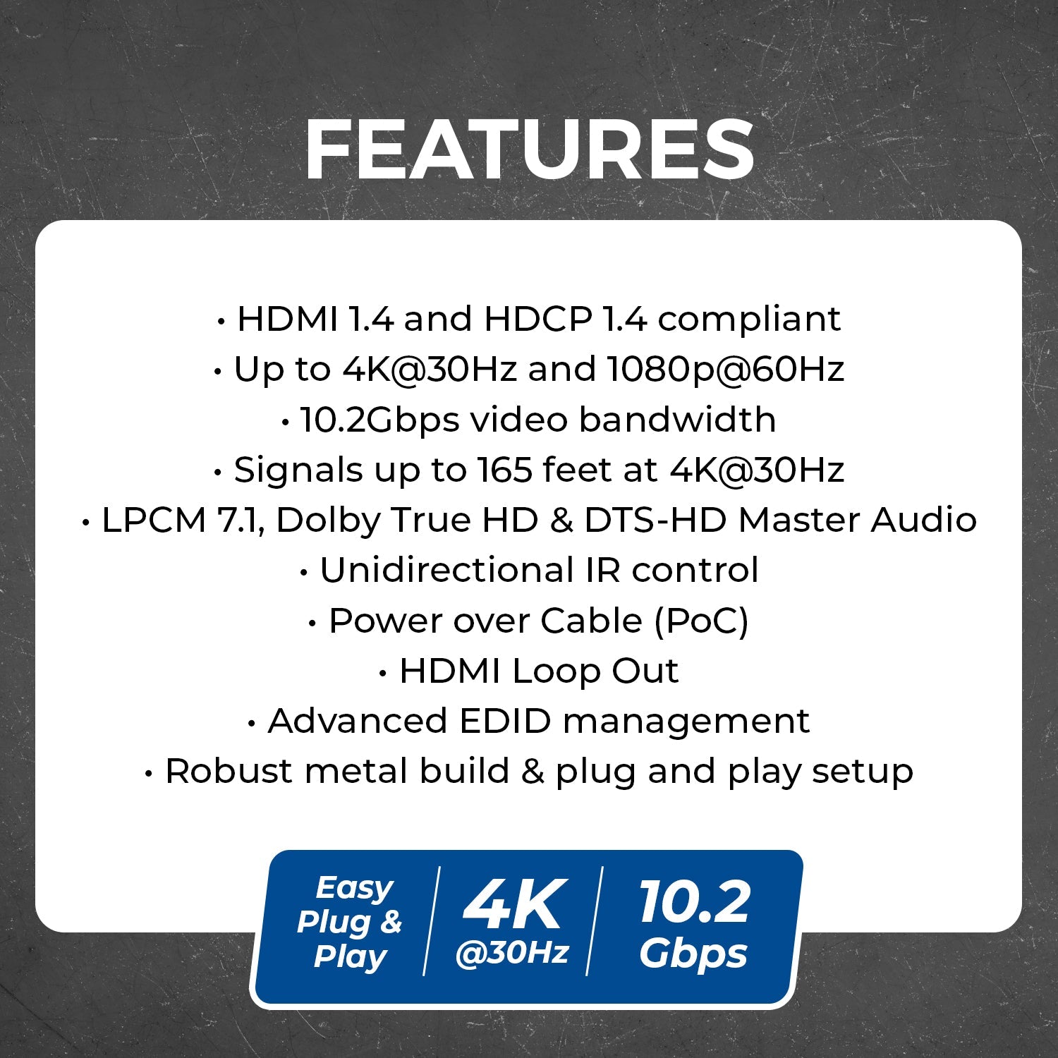 1x8 HDMI Extender Splitter Over CAT6/7 Upto 165 Ft- Loop-out, IR Control & EDID (HD18-EX165-K)