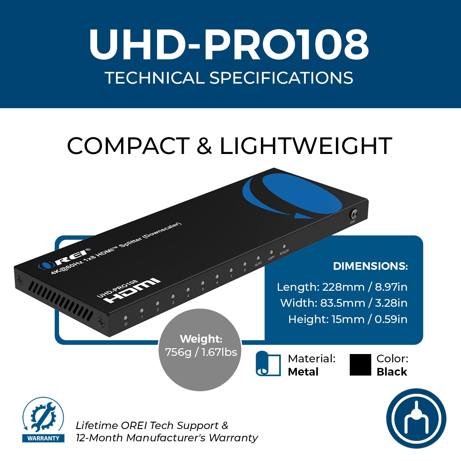 1x8 HDMI Splitter: 1-in 8-out, UltraHD 4K, Auto-Downscale, EDID (UHD-PRO108)