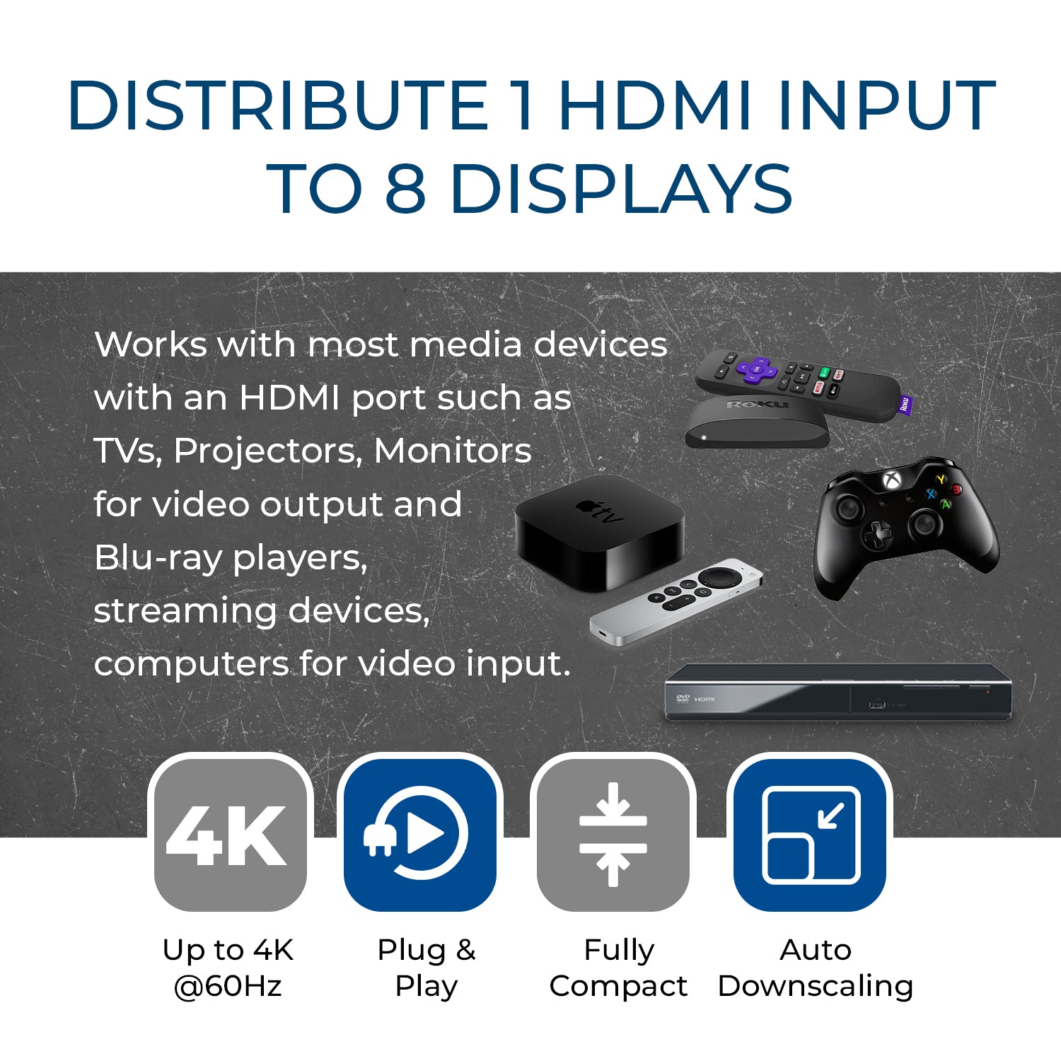 1x8 HDMI Splitter: 1-in 8-out, UltraHD 4K, Auto-Downscale, EDID (UHD-PRO108)