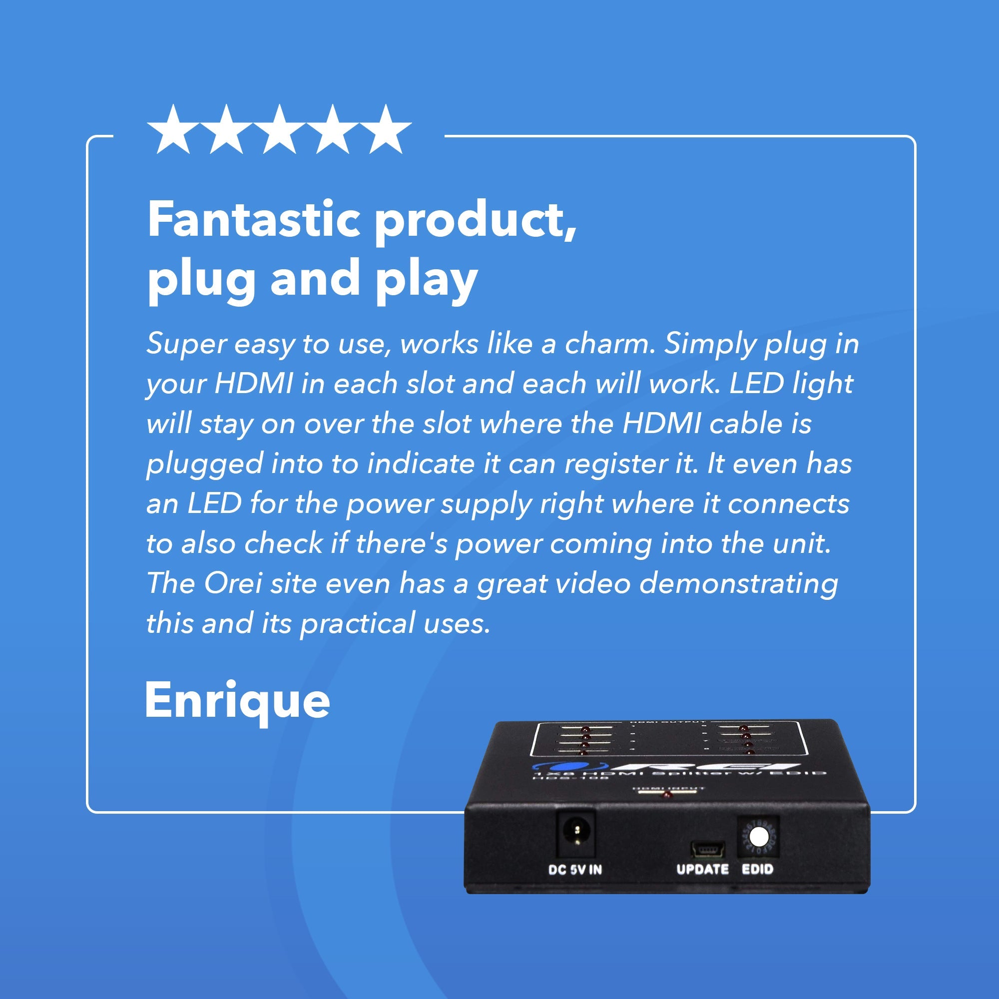 1x8 HDMI Splitter 4K@30Hz Powered - Supports 3D Full HD 1080P (HDS-108)