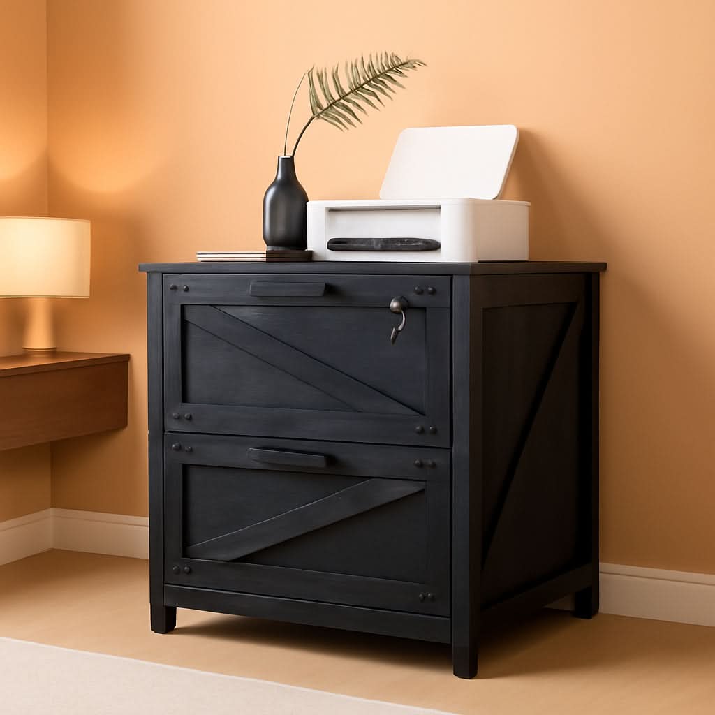 2 Drawer Farmhouse Lateral Filing Cabinet With Lock Black Finish Fits Legal Letter A4 F4