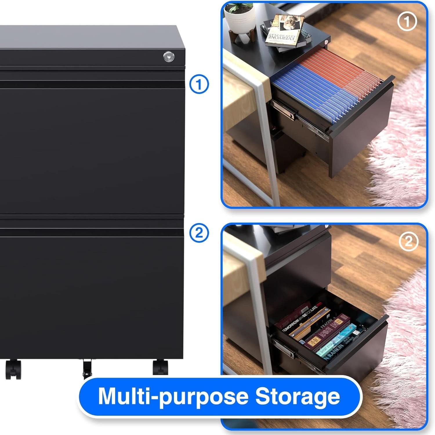 2 Drawer File Cabinet Locking On Wheels Metal Office Storage Cabinet For Home And Small Business, Legal And Letter Size