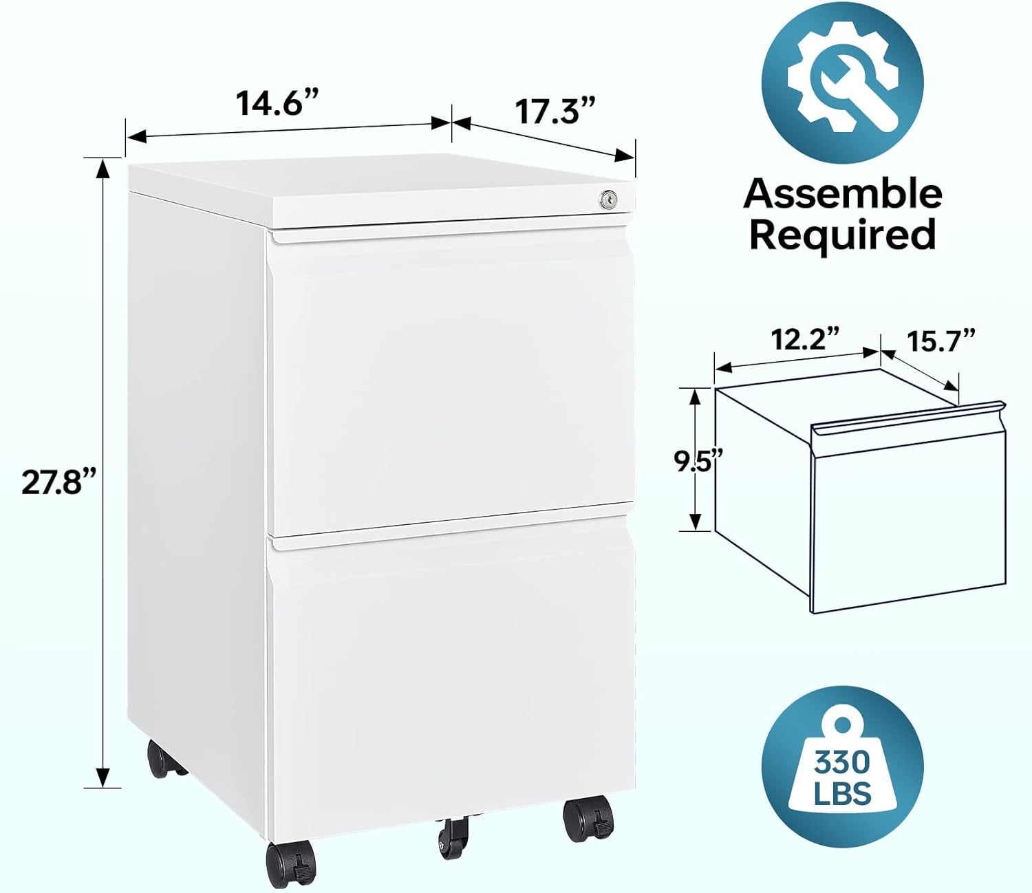 2 Drawer File Cabinet With Lock On Wheels For Under Desk Storage Of Legal Letter And A4 Files Fully Assembled