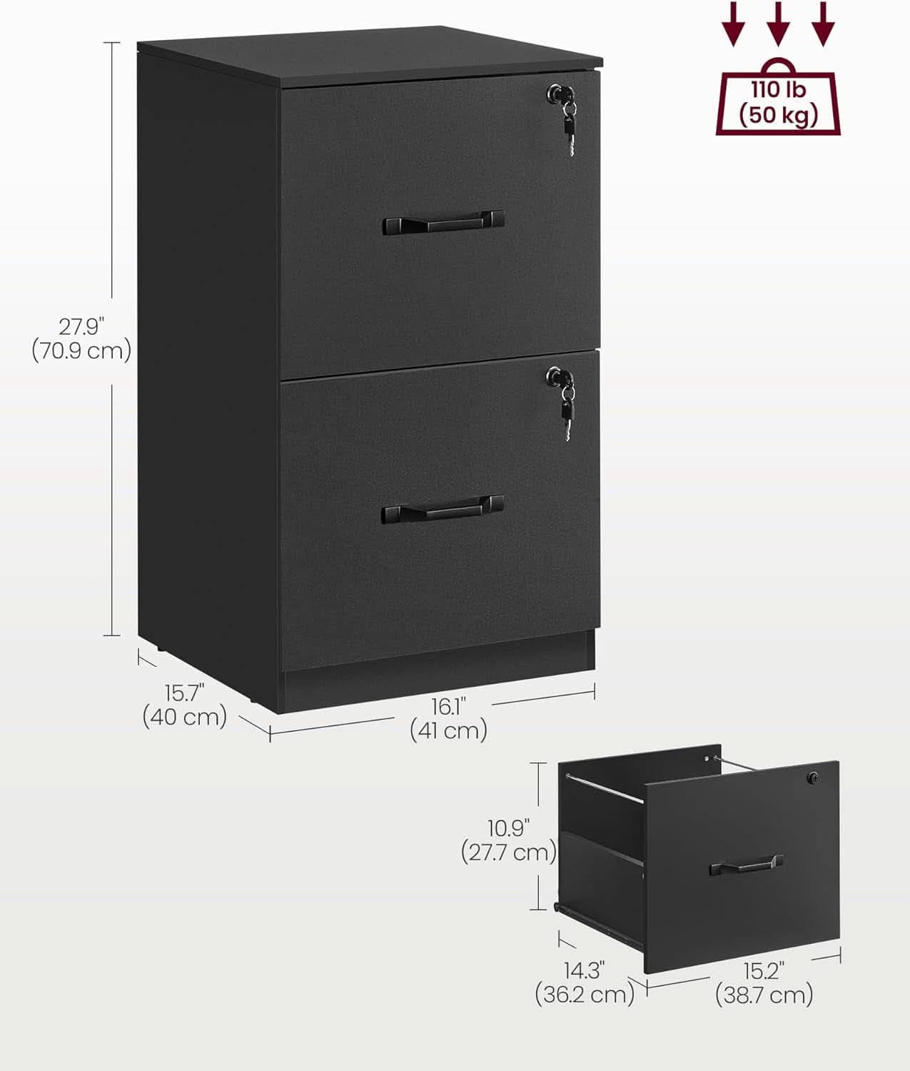 2 Drawer File Cabinet with Lock and Printer Stand, Fits A4 and Letter Size Files, Ink Black, Office Organizer, 15.7D x 16.1W x 27.9H Inches