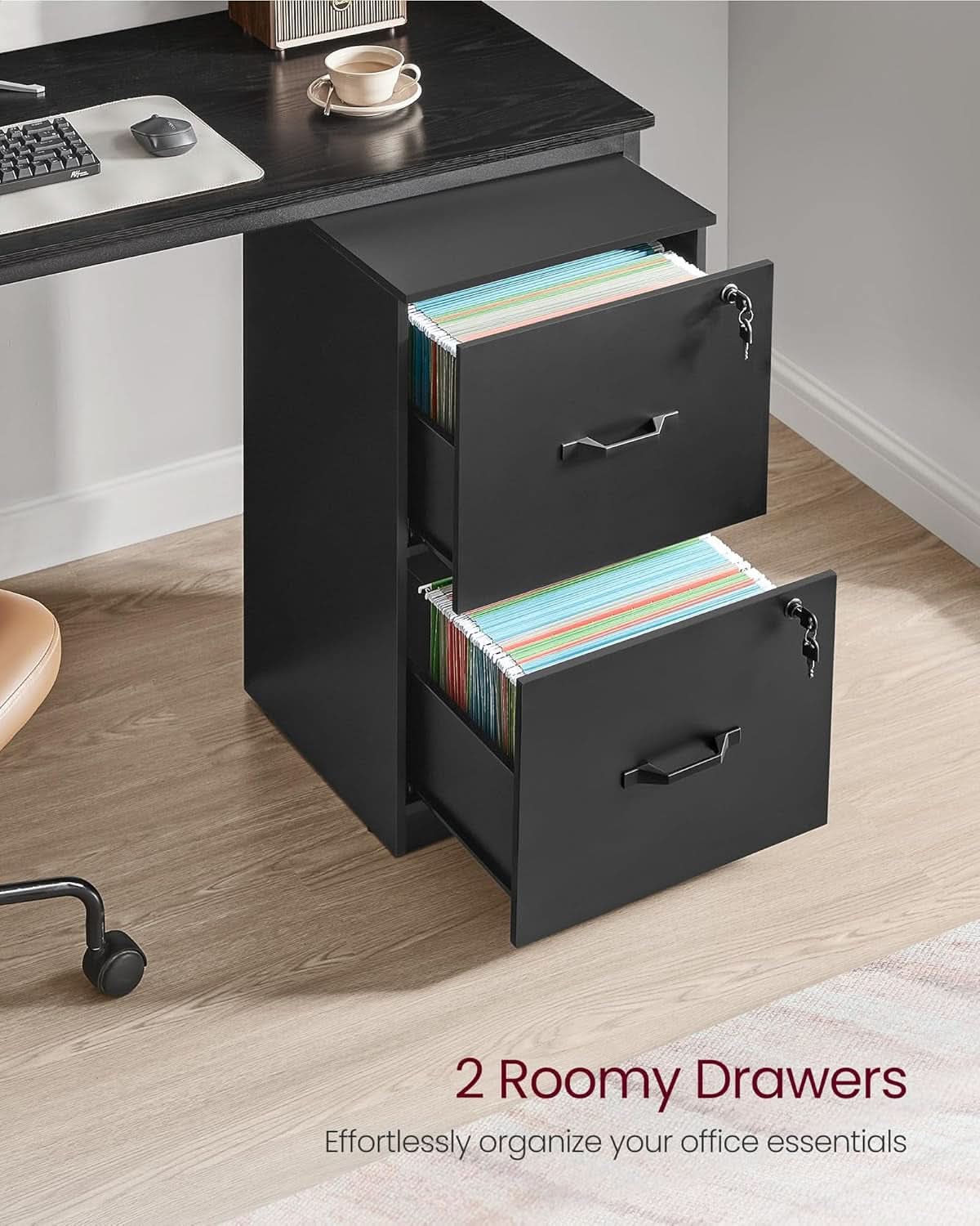 2 Drawer File Cabinet with Lock and Printer Stand, Fits A4 and Letter Size Files, Ink Black, Office Organizer, 15.7D x 16.1W x 27.9H Inches