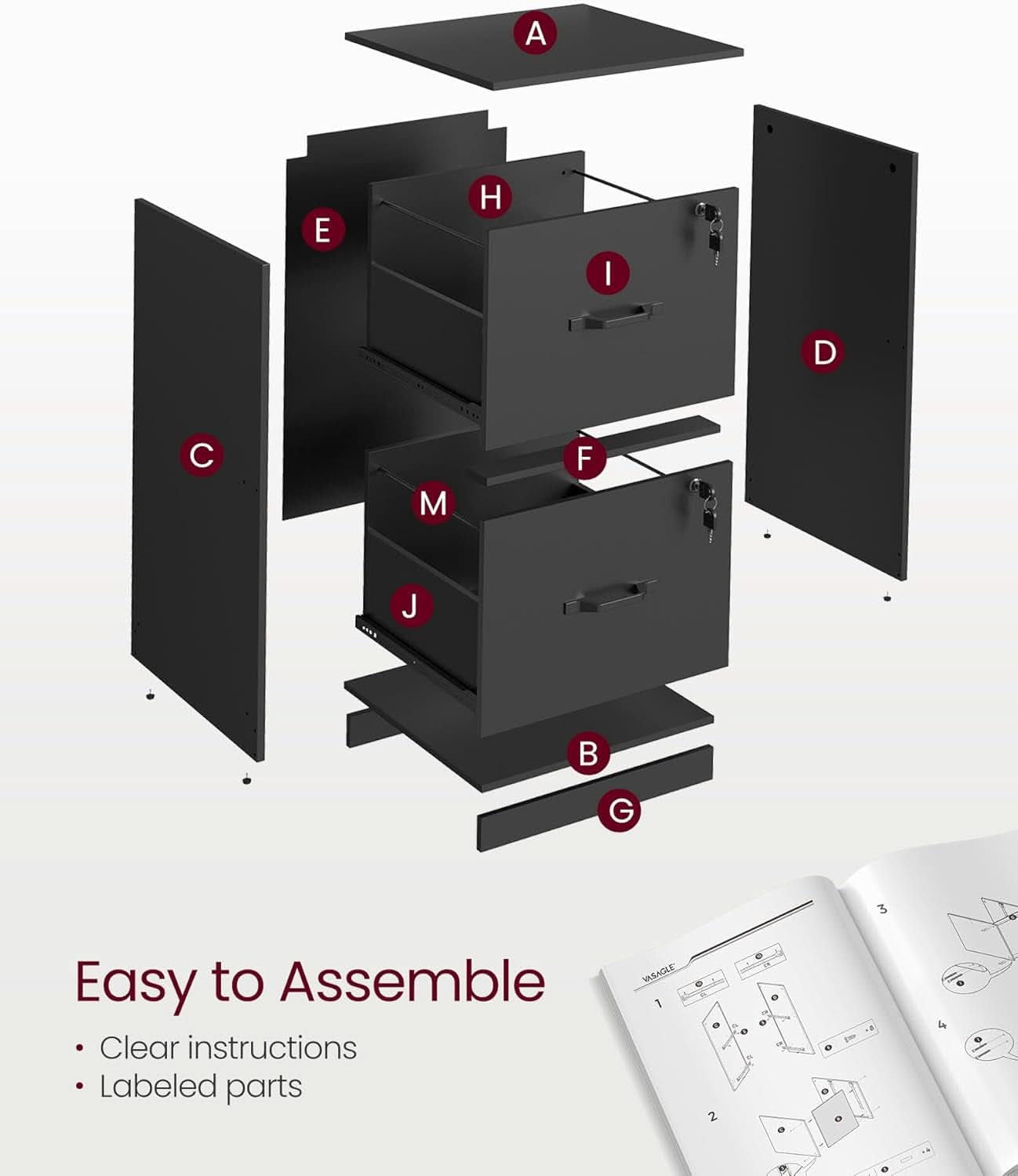 2 Drawer File Cabinet with Lock and Printer Stand, Fits A4 and Letter Size Files, Ink Black, Office Organizer, 15.7D x 16.1W x 27.9H Inches