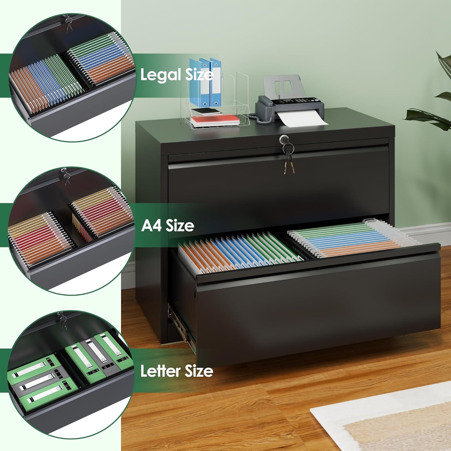 2 Drawer Lateral File Cabinet Black Lockable Steel For Home Office Letter Legal F4 A4 Files