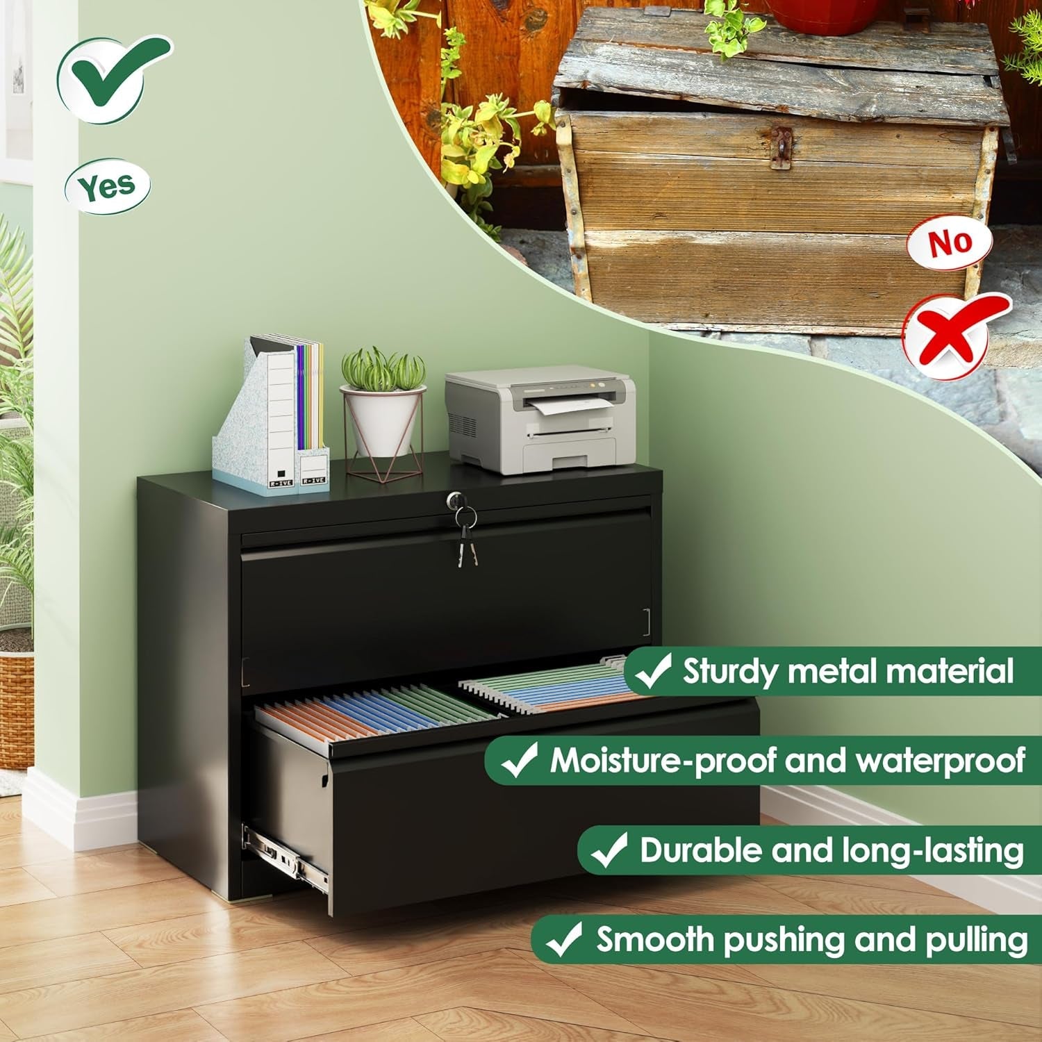 2 Drawer Lateral File Cabinet Black Lockable Steel For Home Office Letter Legal F4 A4 Files