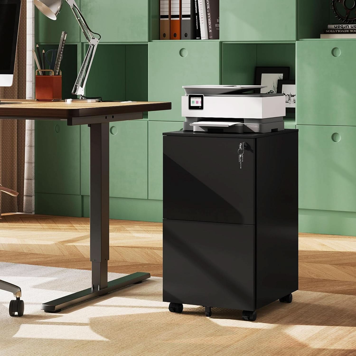 2 Drawer Rolling File Cabinet With Locking System In Black Metal Office Storage Unit