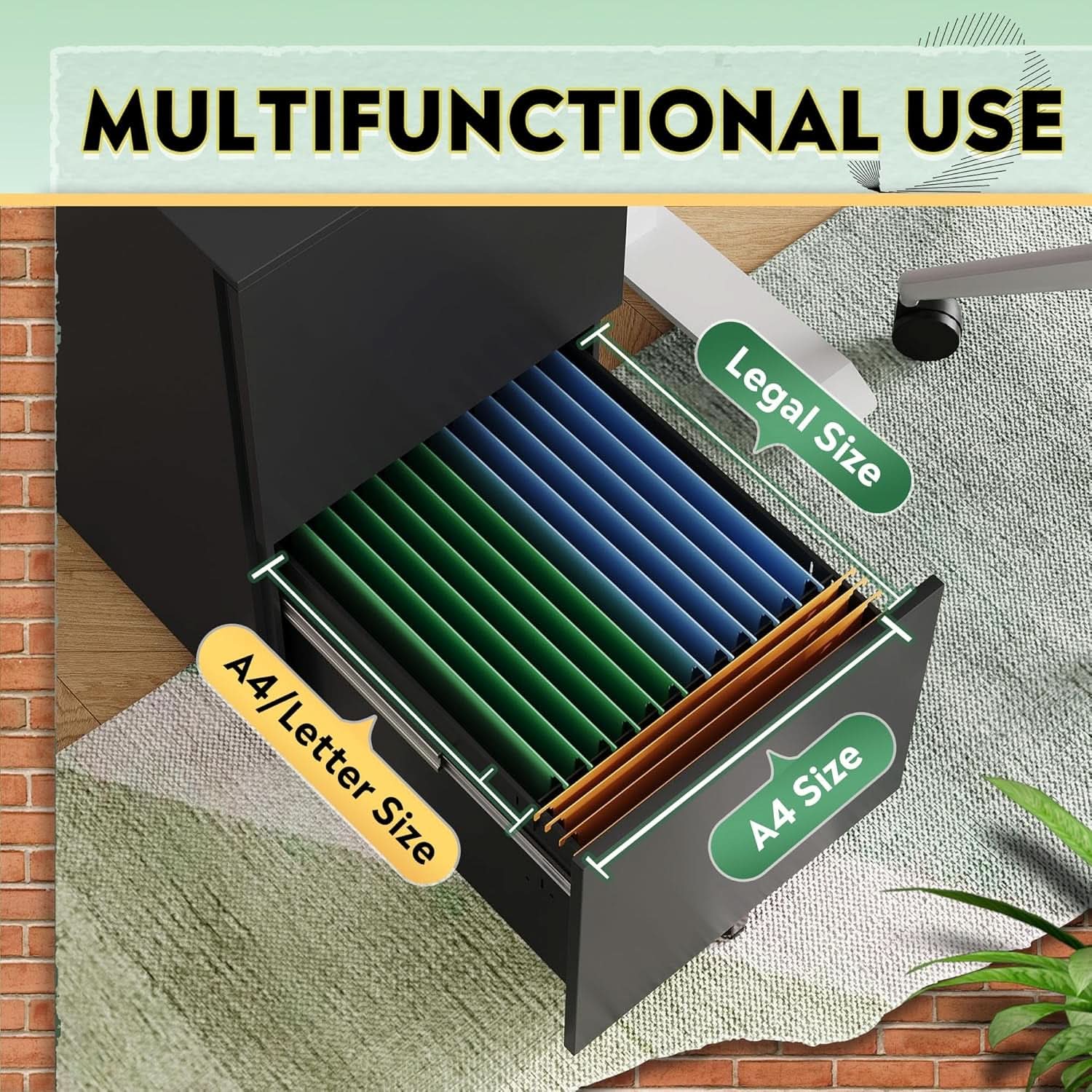 2 Drawer Rolling File Cabinet With Locking System In Black Metal Office Storage Unit