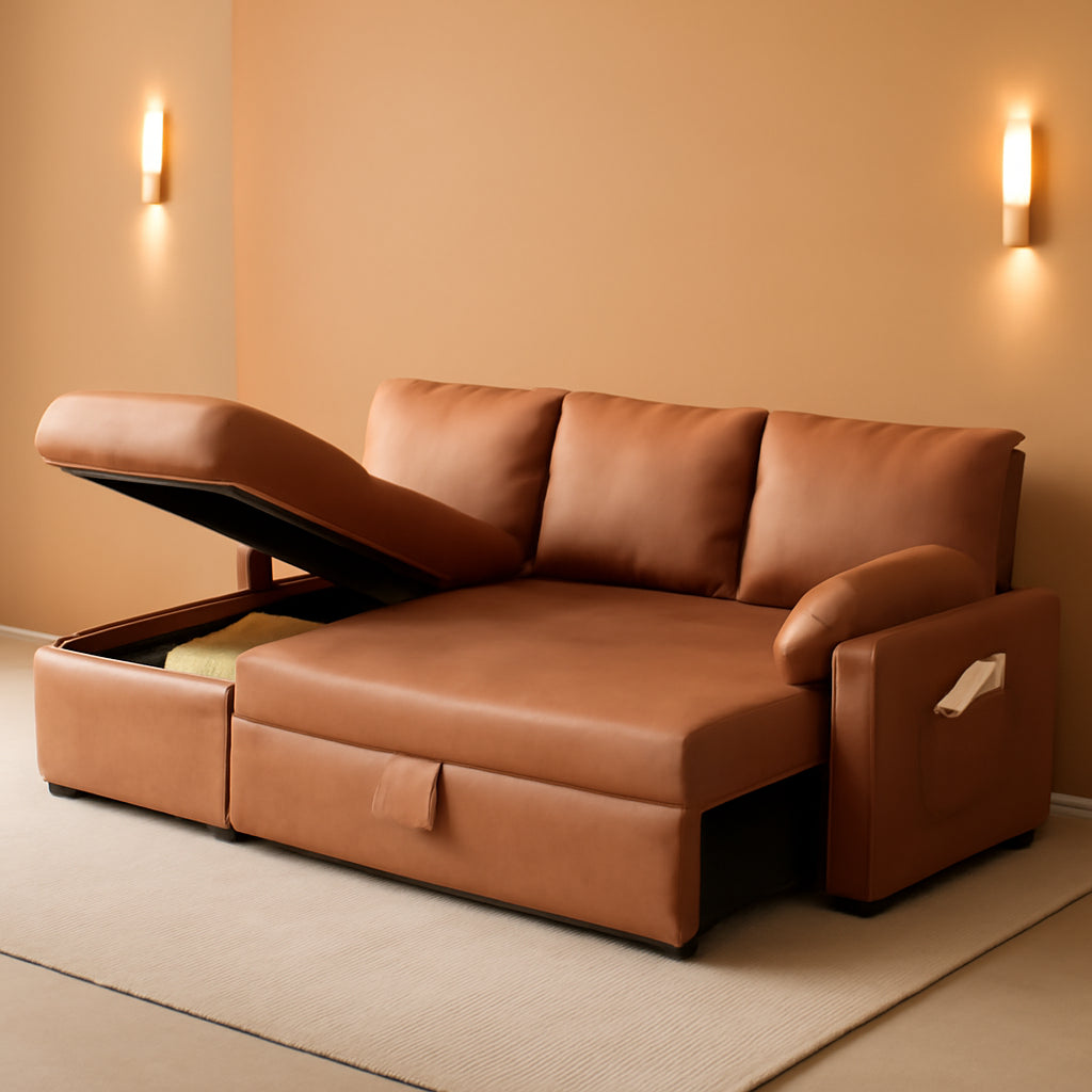 2 In 1 Sleeper Sofa Bed With Storage Chaise Brown Leathaire