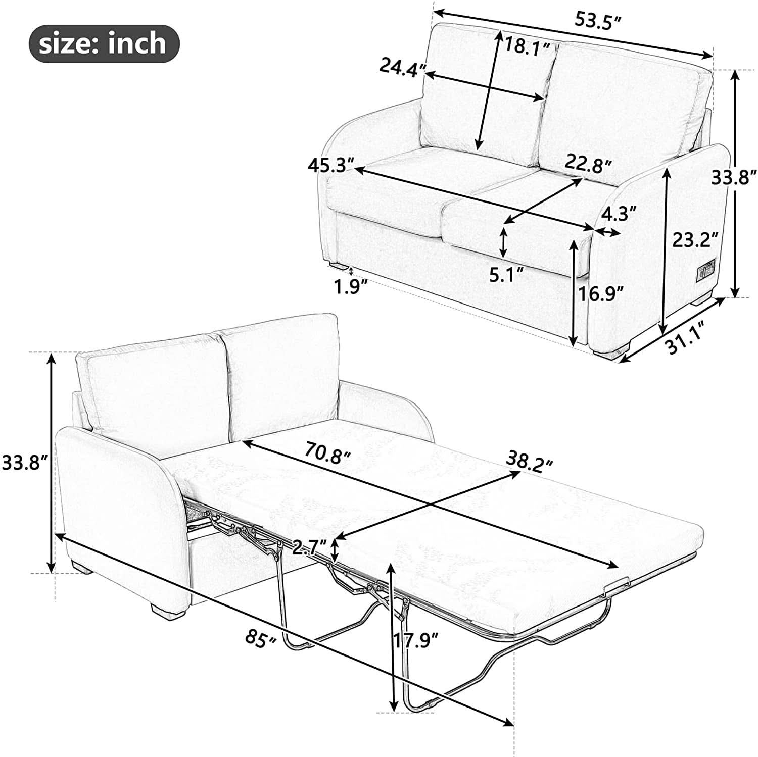 2 In 1 Velvet Sleeper Sofa With USB Port Convertible Loveseat Bed Soft Velvet Upholstery For Small Living Rooms Guests