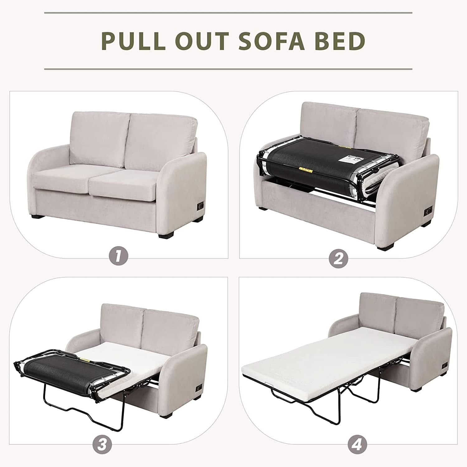 2 In 1 Velvet Sleeper Sofa With USB Port Convertible Loveseat Bed Soft Velvet Upholstery For Small Living Rooms Guests