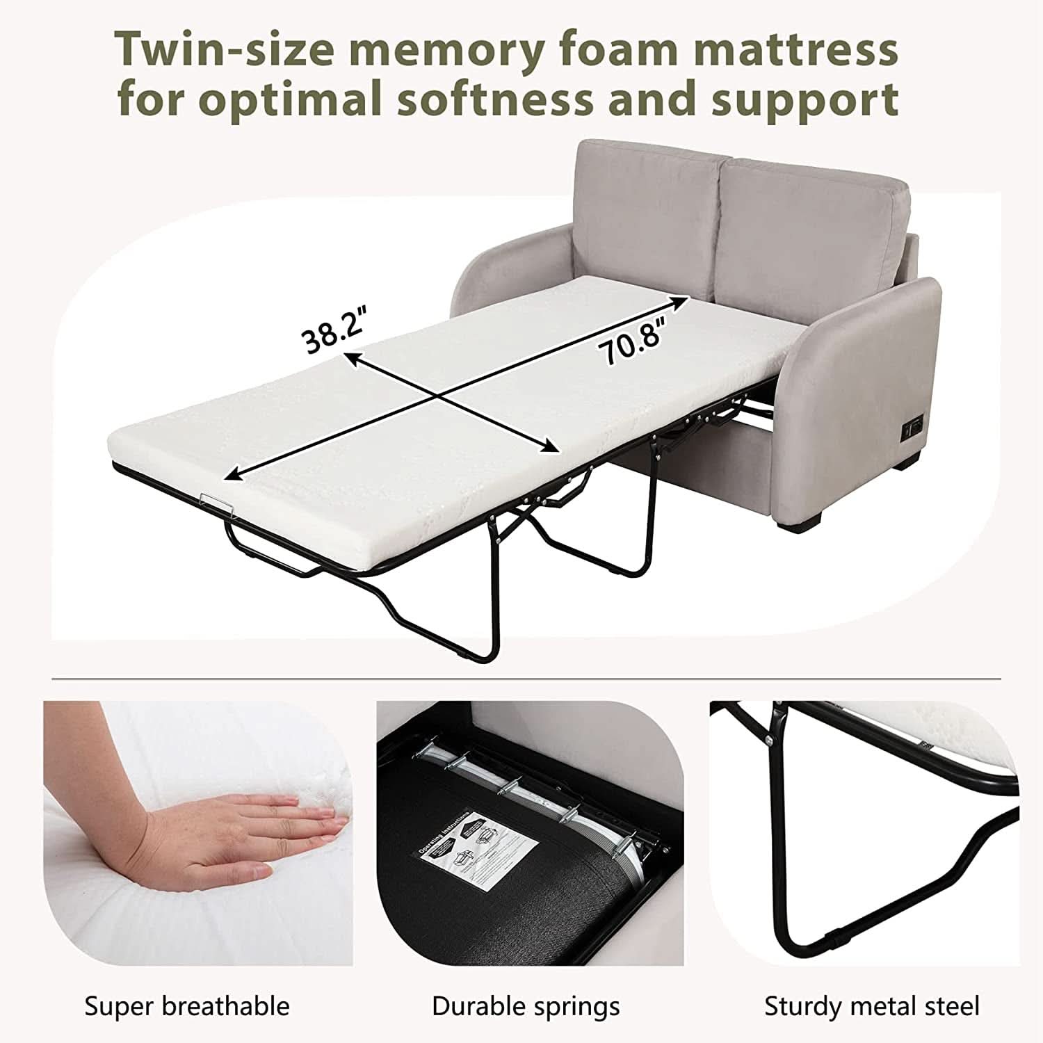 2 In 1 Velvet Sleeper Sofa With USB Port Convertible Loveseat Bed Soft Velvet Upholstery For Small Living Rooms Guests
