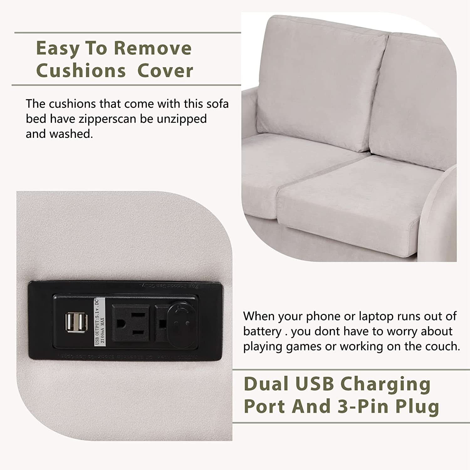 2 In 1 Velvet Sleeper Sofa With USB Port Convertible Loveseat Bed Soft Velvet Upholstery For Small Living Rooms Guests