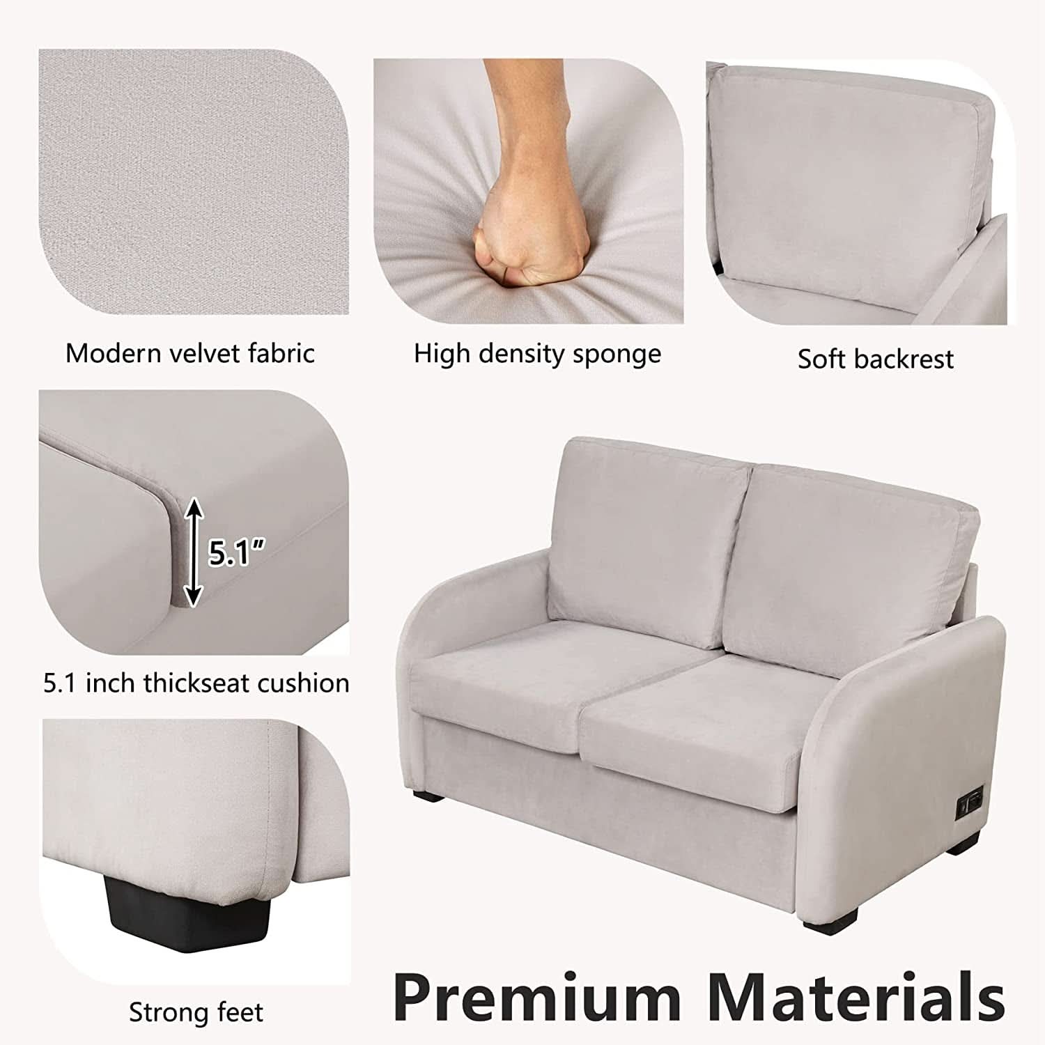 2 In 1 Velvet Sleeper Sofa With USB Port Convertible Loveseat Bed Soft Velvet Upholstery For Small Living Rooms Guests