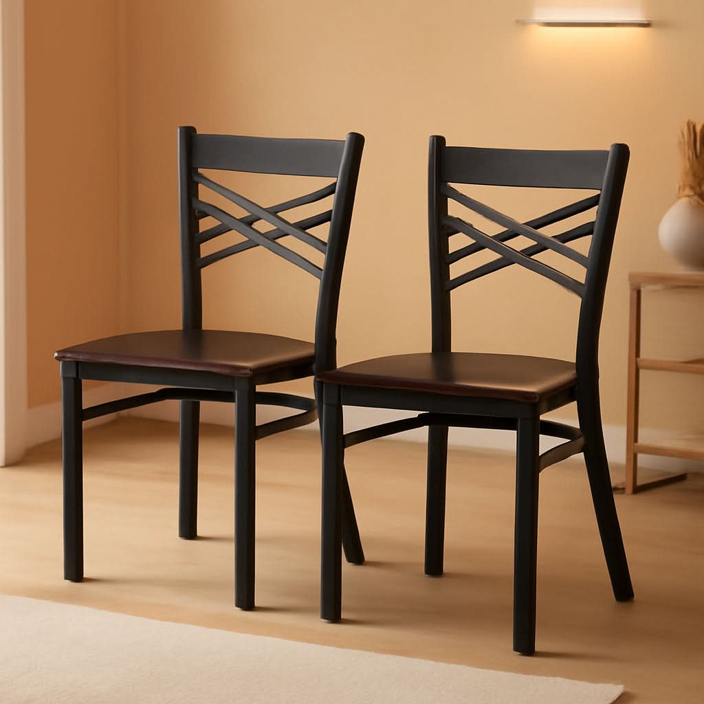 2 Pack Black X Back Metal Dining Chair With Walnut Wood Seat Suitable For Home And Commercial Use