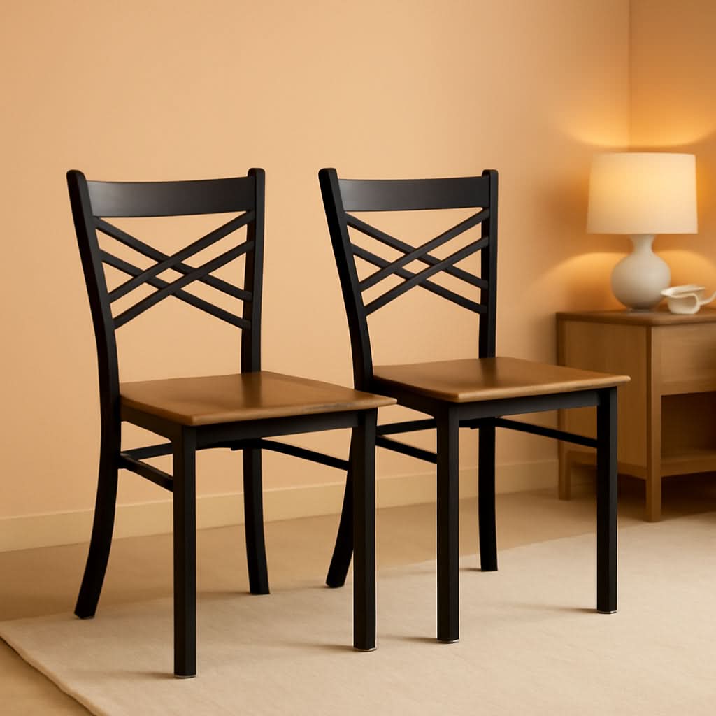 2 Pack HERCULES Series Black X Back Metal Dining Chairs With Cherry Wood Seats For Home Or Commercial Use