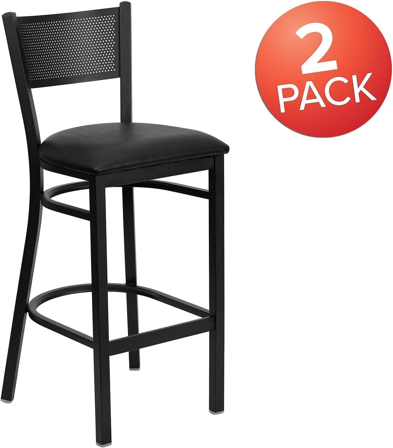 2 Pack Hercules Series Black Grid Back Metal Bar Stools With Black Vinyl Seat Commercial Grade