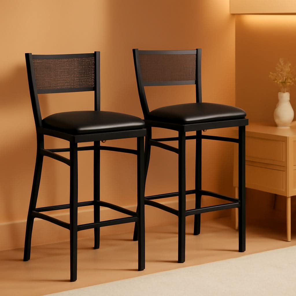 2 Pack Hercules Series Black Grid Back Metal Bar Stools With Black Vinyl Seat Commercial Grade