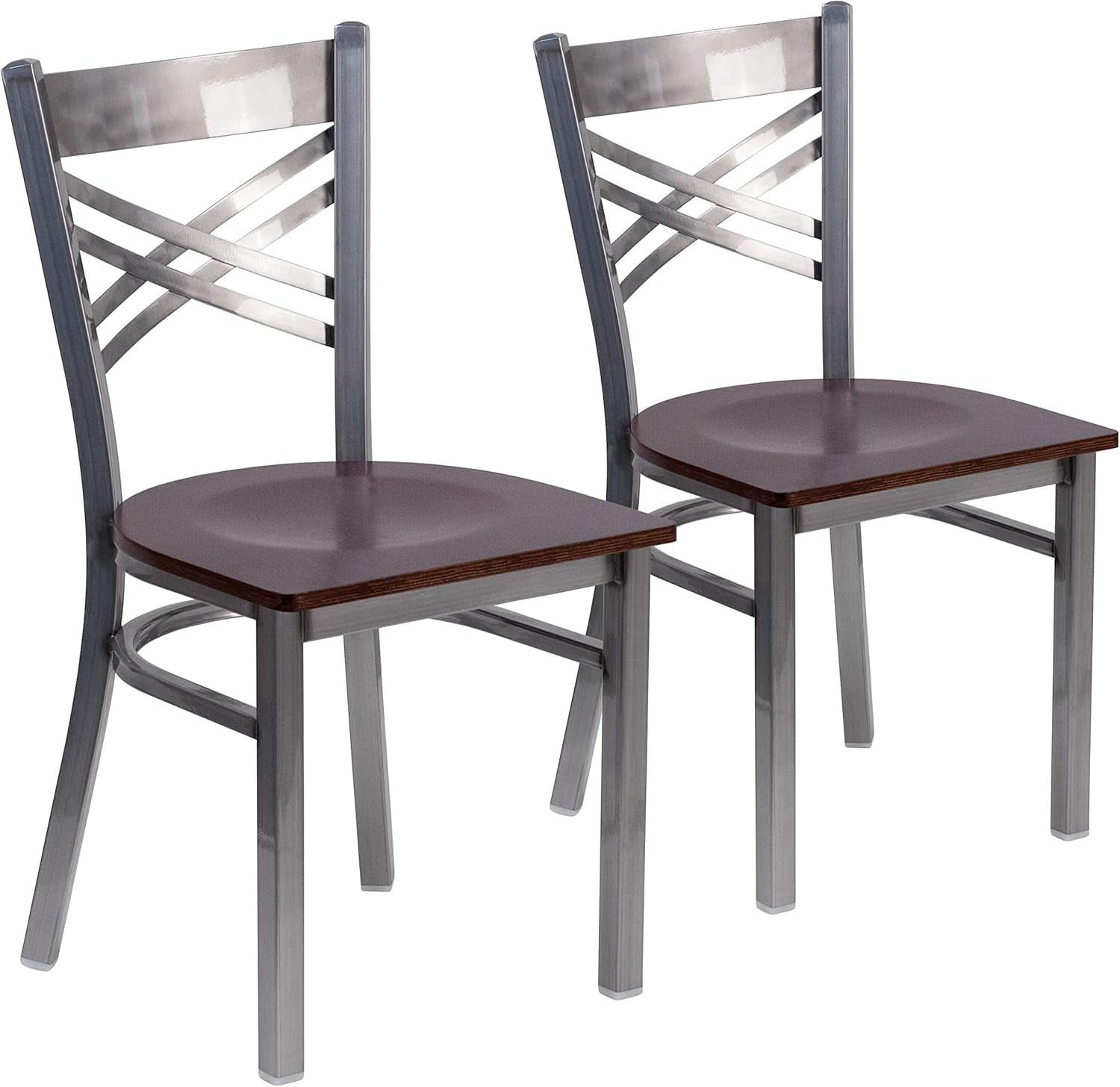 2 Pack Hercules Series Clear Coated X Back Metal Dining Chair Walnut Wood Seat