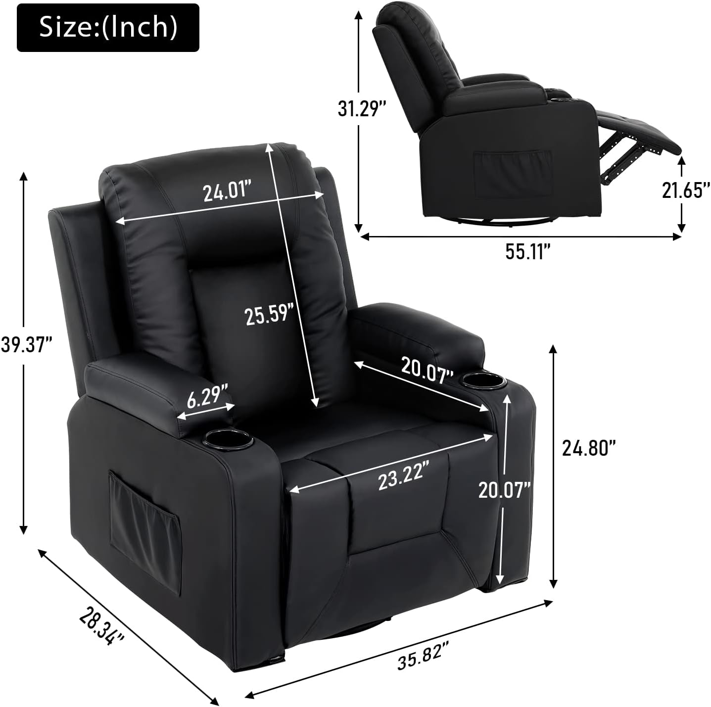 2 Piece Bonded Leather Recliner Set Black For Living Room