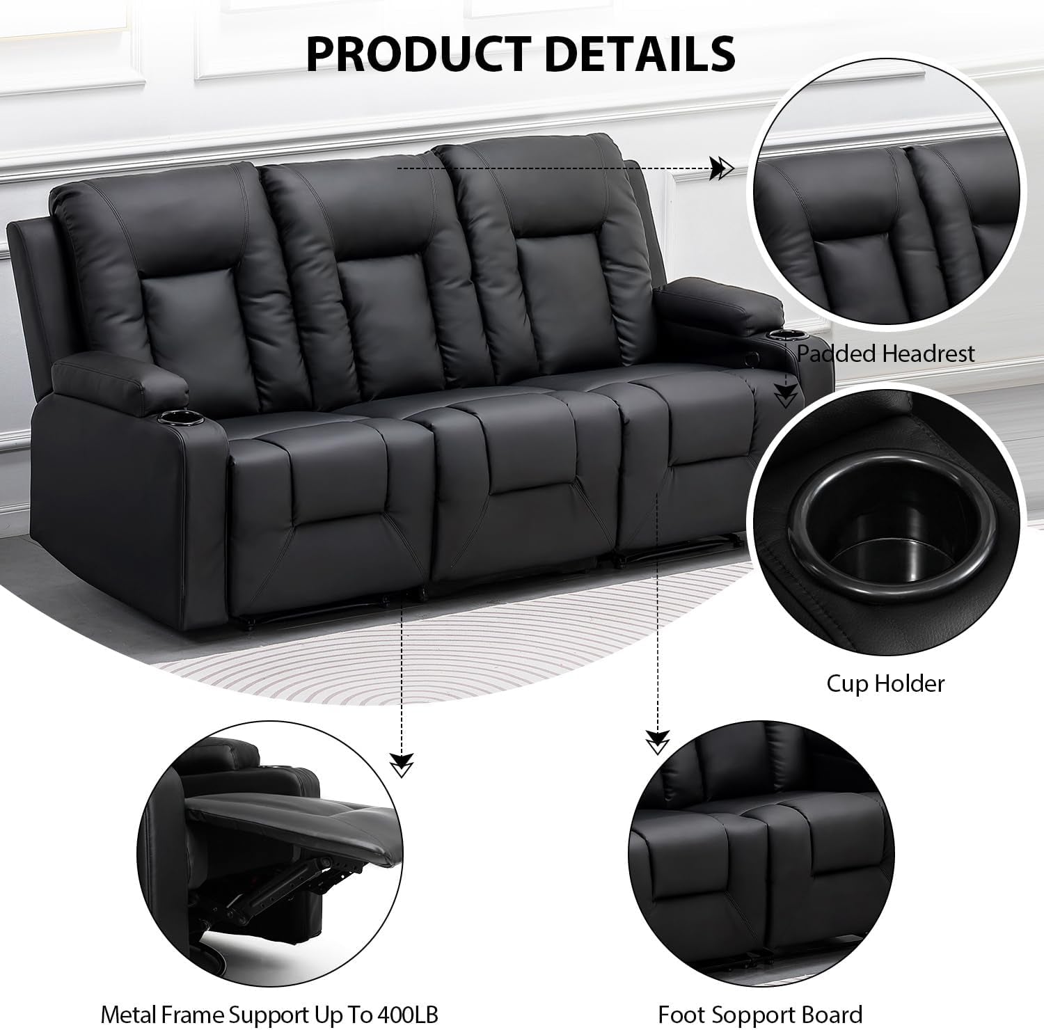 2 Piece Bonded Leather Recliner Set Black For Living Room