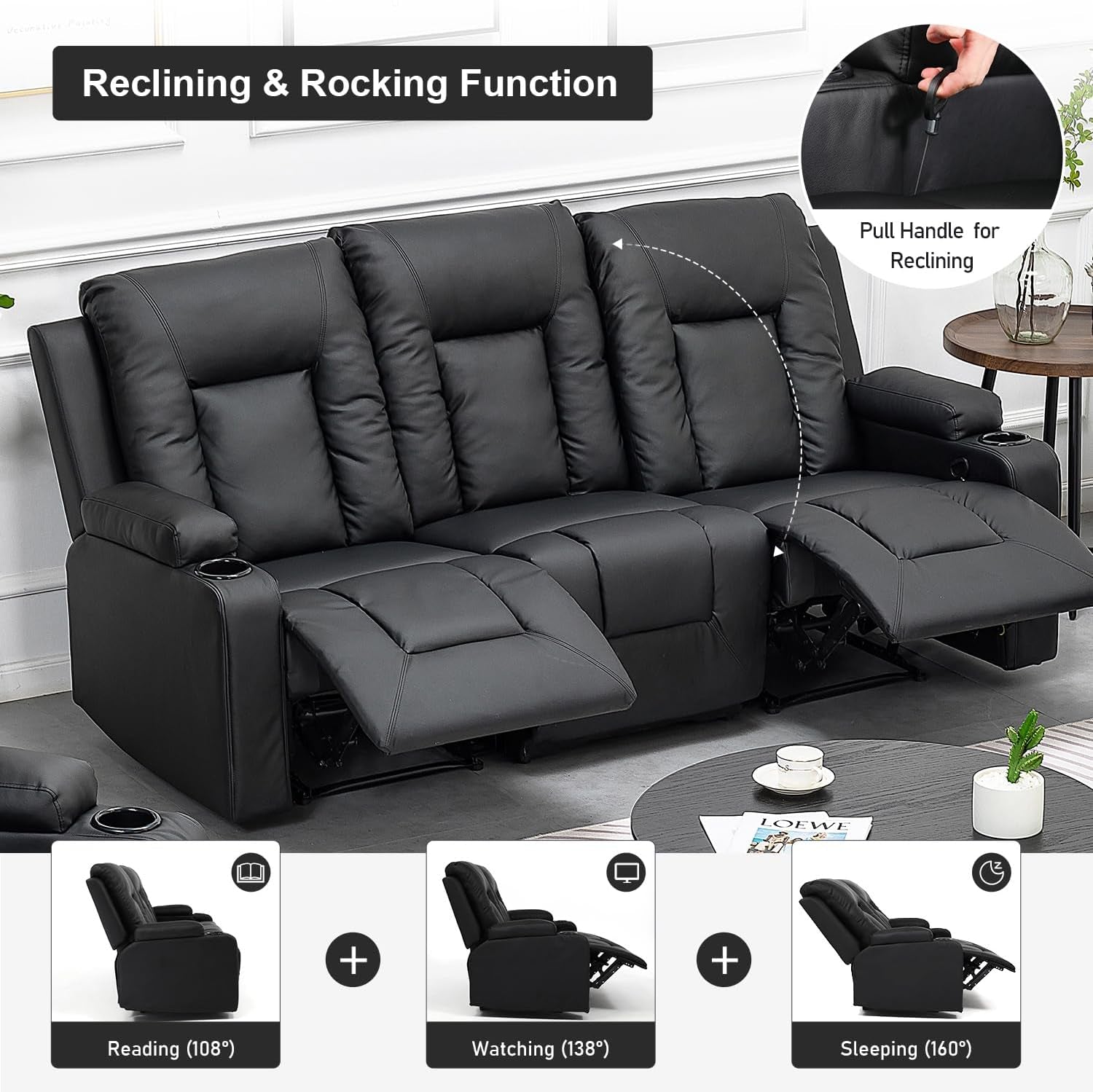 2 Piece Bonded Leather Recliner Set Black For Living Room