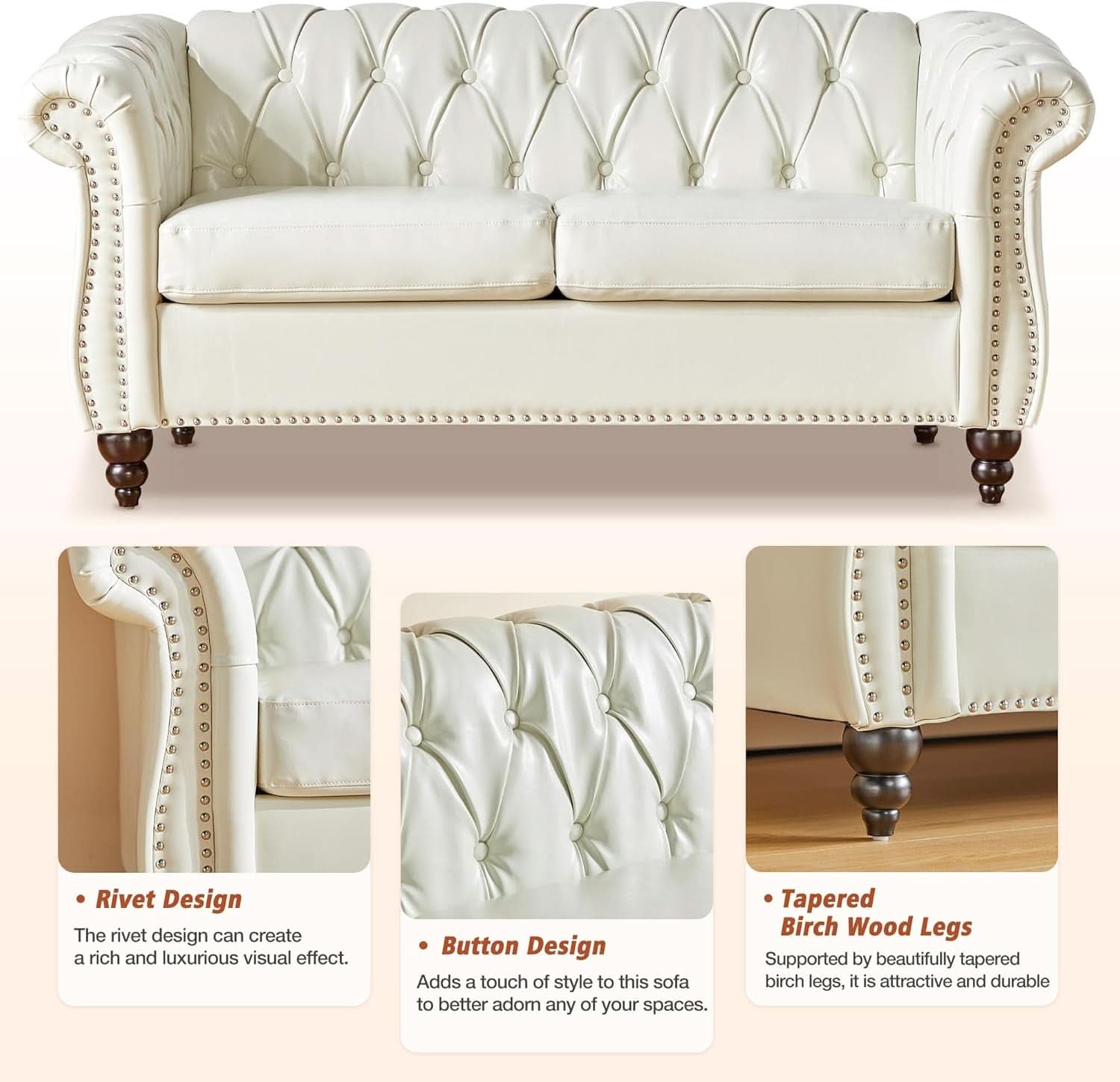 2 Piece Chesterfield Faux Leather Living Room Set Loveseat And Chair With Scroll Arms And Nailhead White